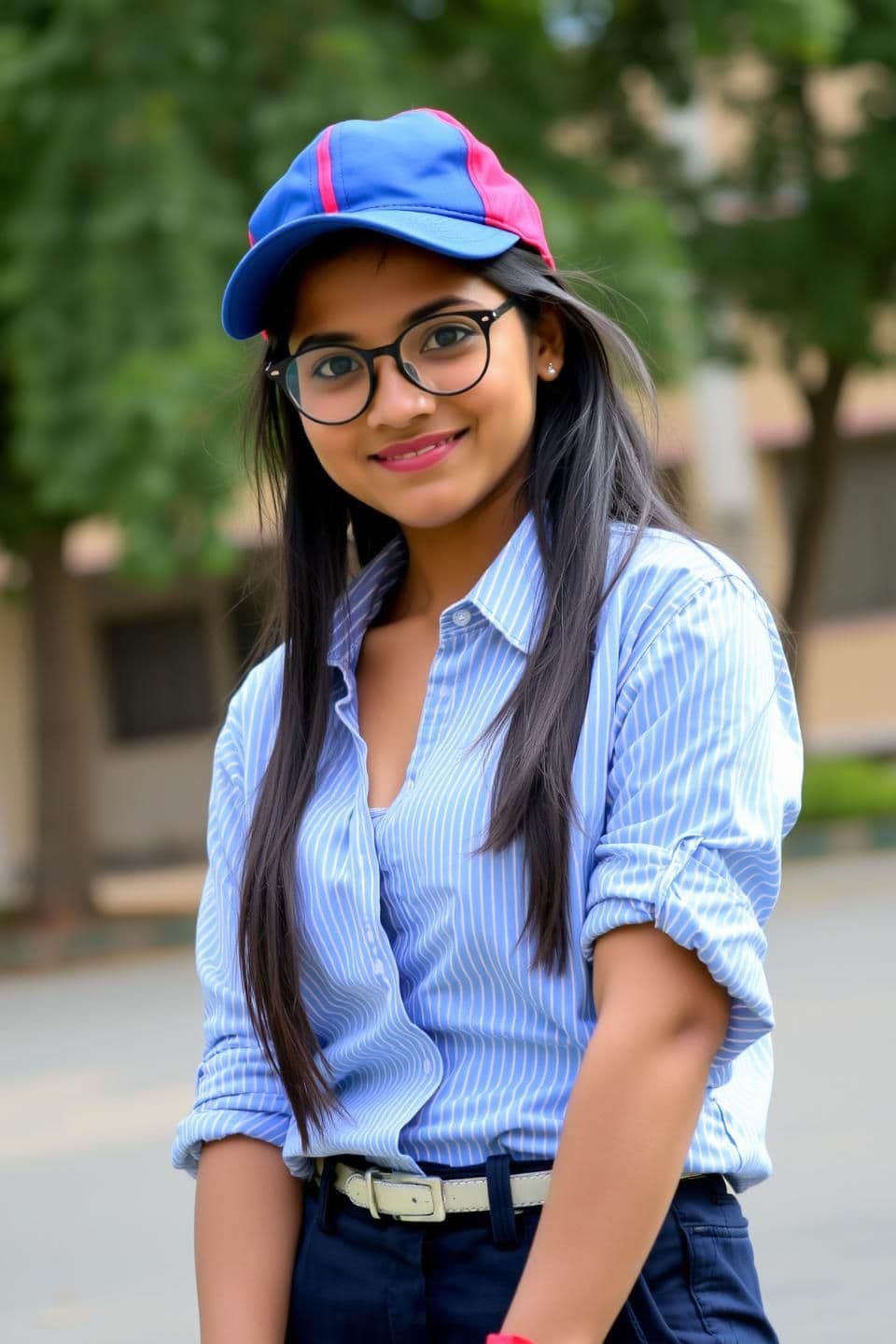 AI generated: A young woman, likely in her early sixteens , of Indian descent, is positioned slightly off-center in the frame, facing the viewer with a subtle smile. She is looking directly into