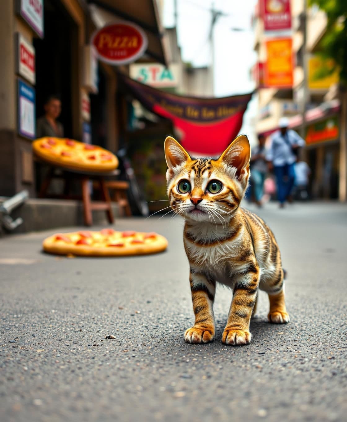 AI generated: A small, adorable street cat walking on an Indian road, suddenly spotting a delicious cheese pizza on the shop The cat’s eyes widen with excitement, cartoonishly greedy expression,