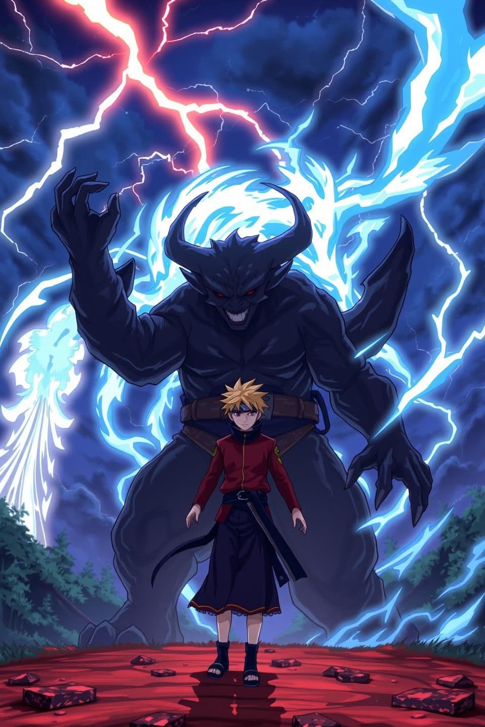 AI generated: The night sky above the Demon Slayer Corps Estate cracked with thunder as two portals ripped open. From the first stepped Gojo Satoru, blindfold fluttering, cursed energy swirling