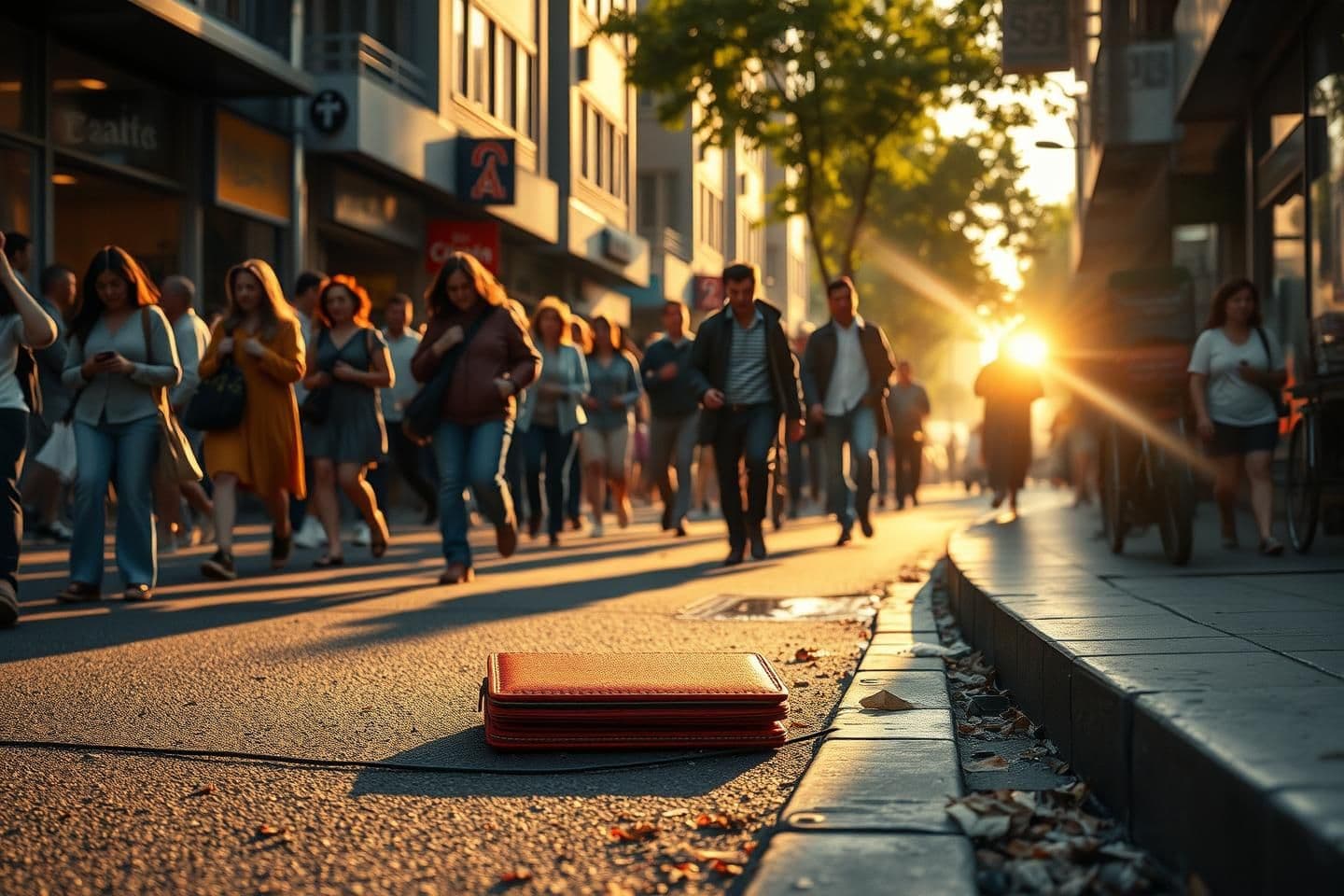 AI generated: Scene: Same busy urban street, few seconds after wallet is revealed. Morning sunlight, bustling with pedestrians and passing vehicles. Slight tension builds as one individual notic