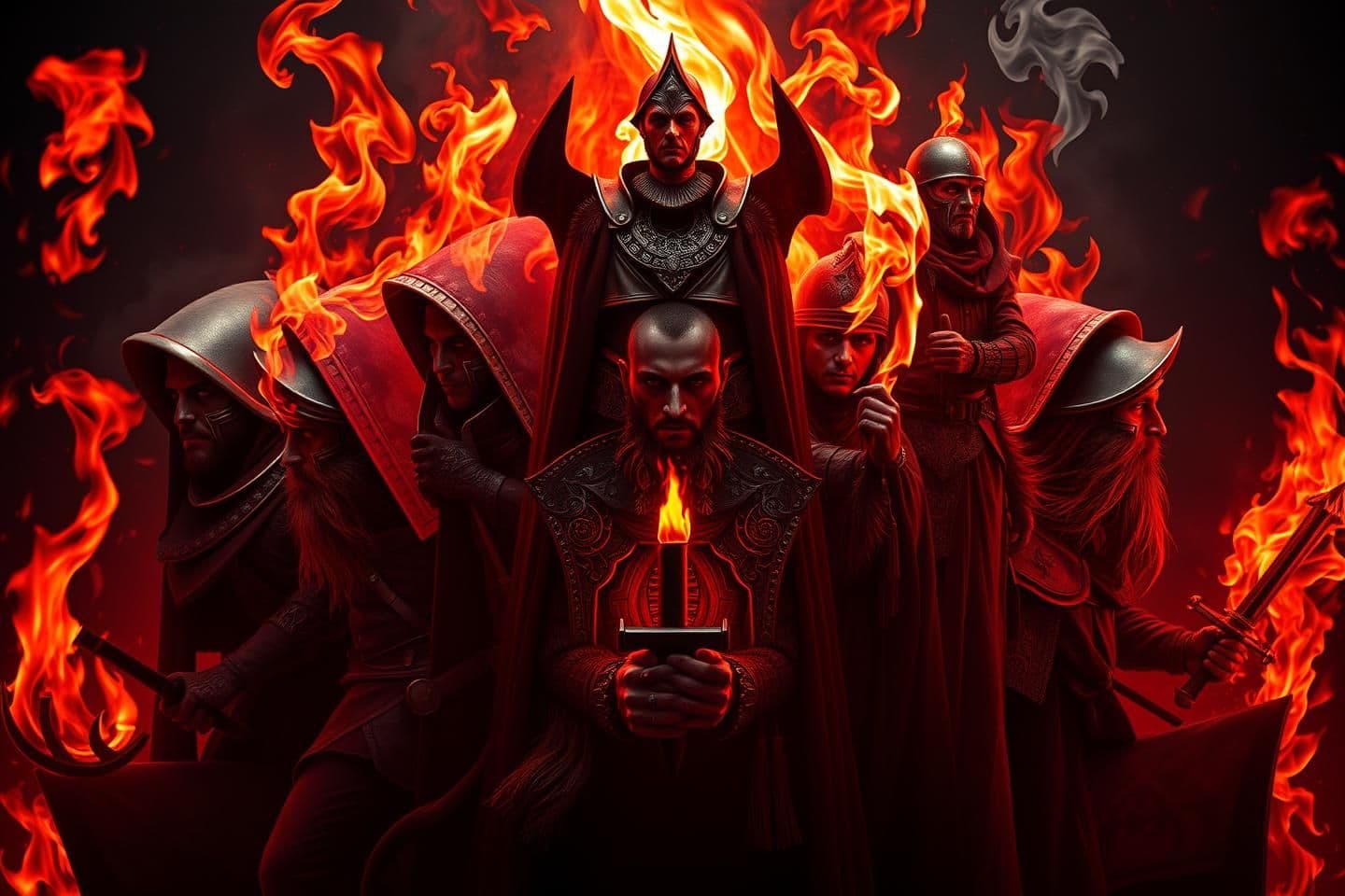 AI generated: Multiple evolving portrait illusions of Roselle Gustav transforming through the Red Priest sequences (Hunter → Provoker → Pyromaniac → Conspirer → Reaper → Iron-Blooded Knight → Wa