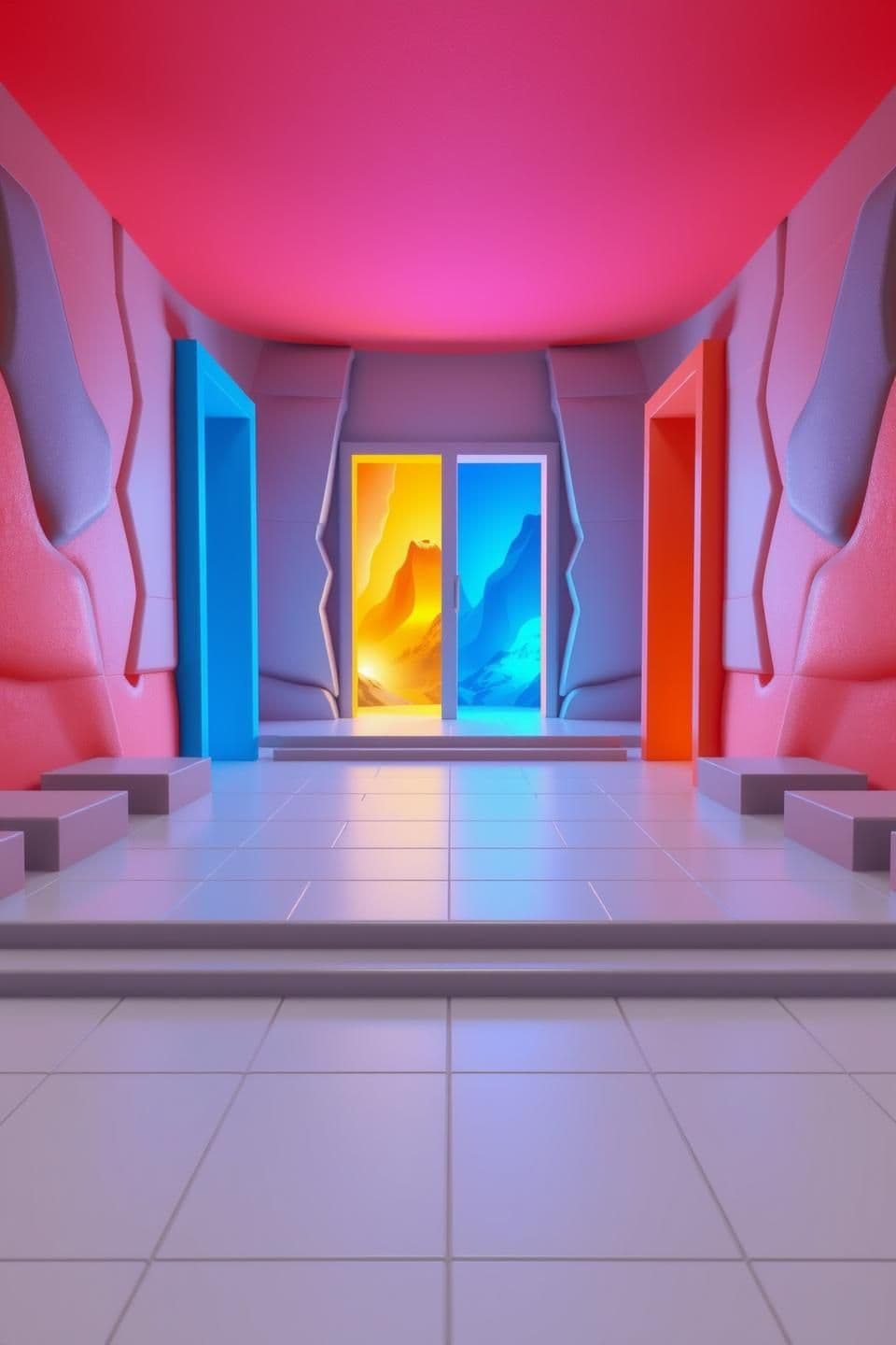 AI generated: ltra-high-resolution 3D cartoon environment, extra wide frame, bright mobile-game style graphics. A long raised pathway made of smooth gray tiles extends toward the center. On both