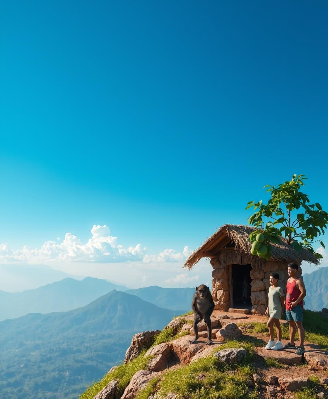 AI generated: 3D 4K hyper-realistic scene. A tall mountain landscape under a bright blue sky with light soft white clouds floating far into the distance. On top of the mountain sits a small clay
