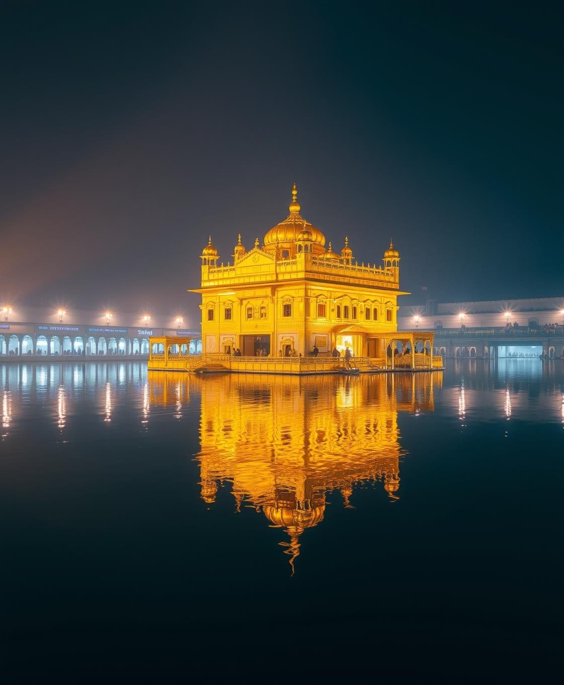 AI generated: Golden Temple (Sri Harmandir Sahib) at night, glowing golden lights reflecting on the calm water of the holy Sarovar, crystal-clear reflections, peaceful atmosphere, detailed archi