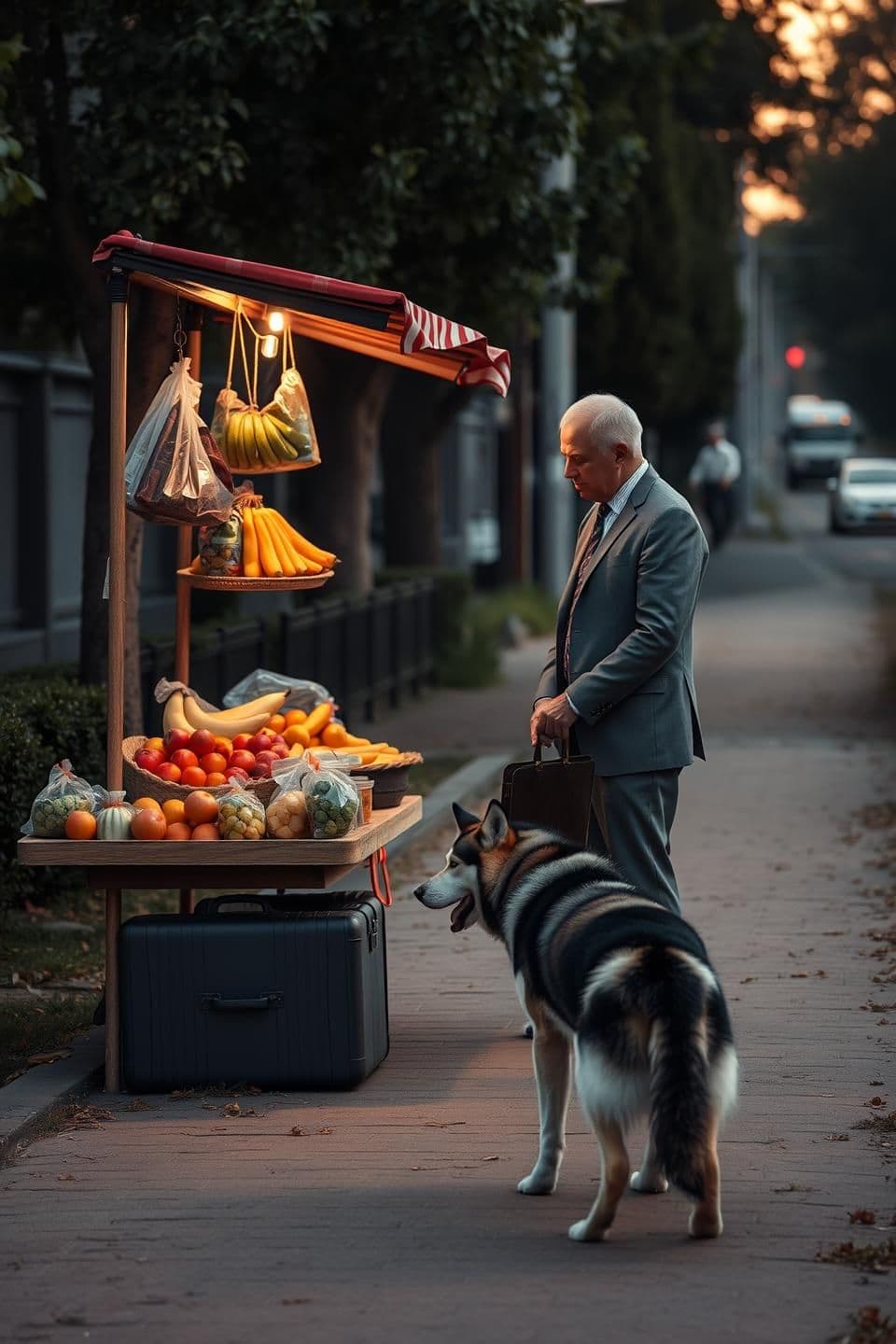AI generated: Make a vendor sell, fruits to a gentleman in the foot path with his Husky beside him the man kept the briefcase down and forgot and goes to the car when the Husky see it it takes t