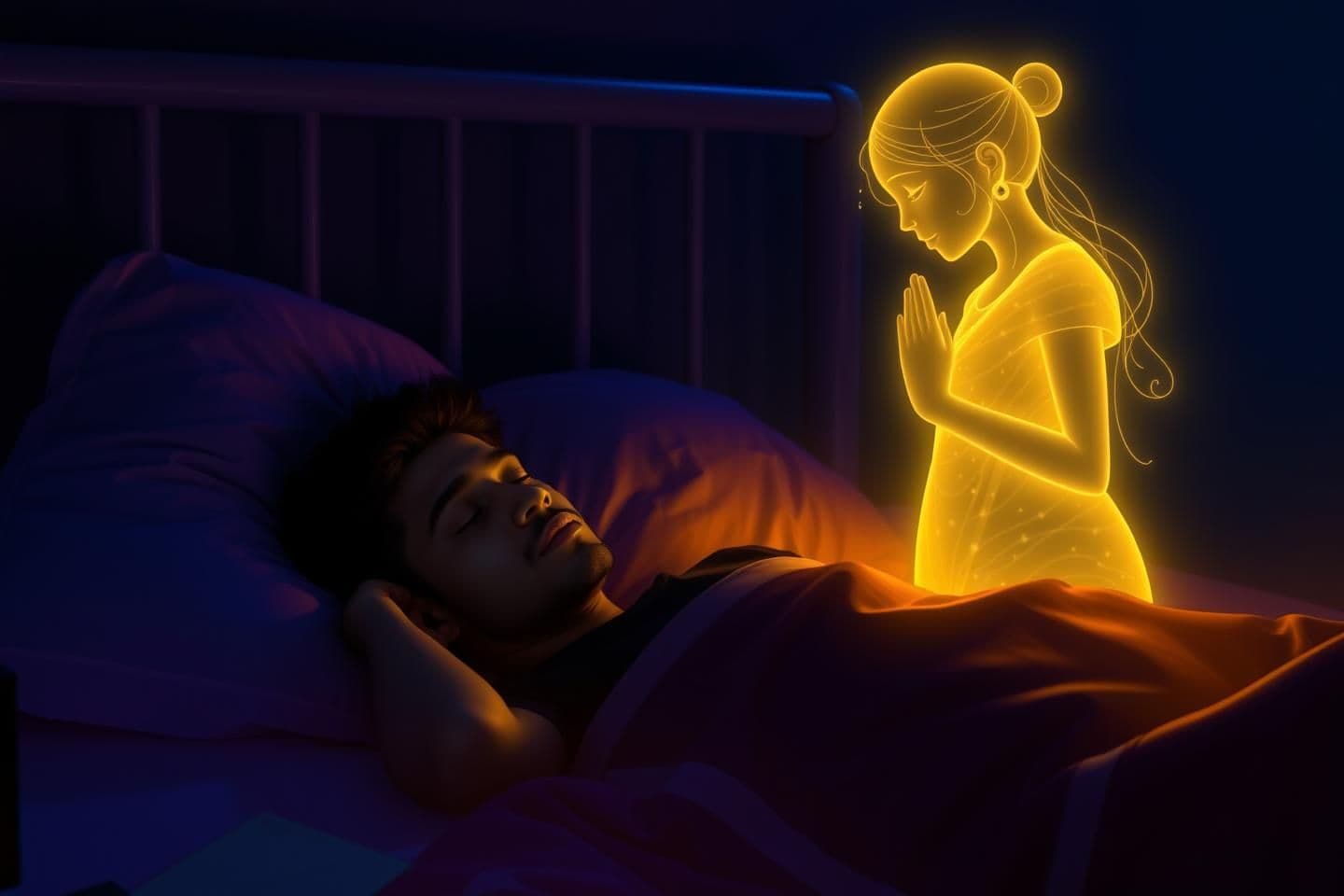 AI generated: A young Indian man lies on his bed at night, wearing dark night clothes.
The room glows softly with neon blue and pink lights, creating a moody atmosphere.
Beside him stands the