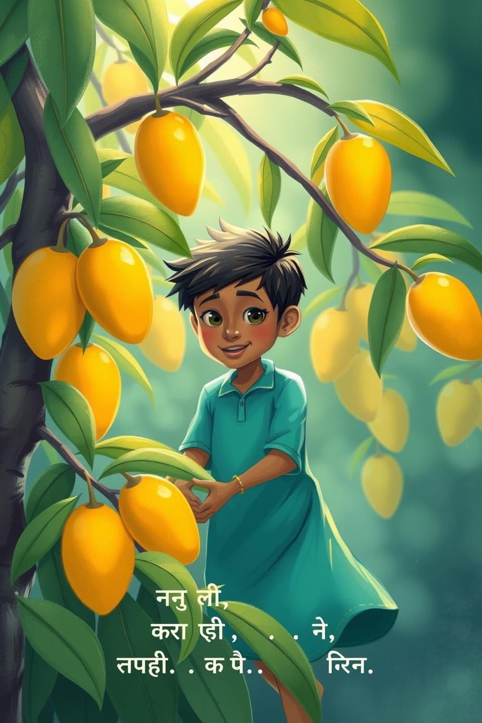 AI generated: IMPORTANT: Generate with all text in Hindi script only.
---
Bhullu visited his grandmother's mango orchard every day. As soon as the soft morning sun shone on the leaves, he wou
