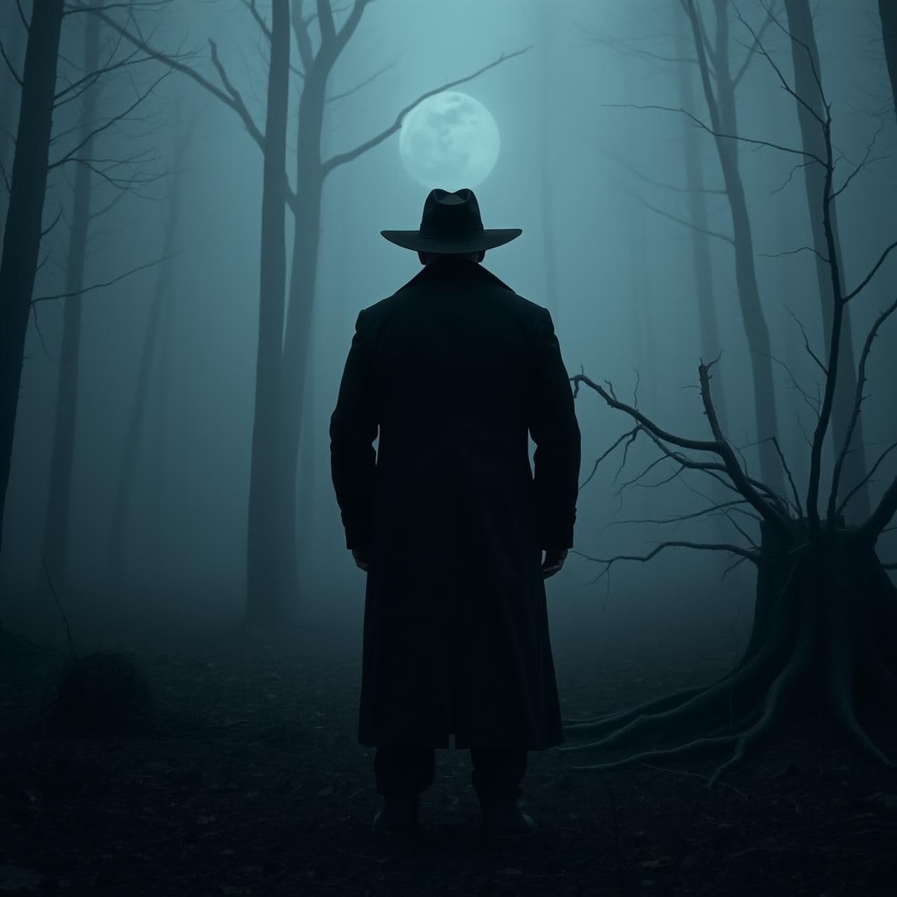 AI generated: A mysterious, terrifying man in a long black coat and black cowboy hat, standing far away beside a dead tree in a foggy, abandoned forest. He faces forward with an eerie, unsettlin