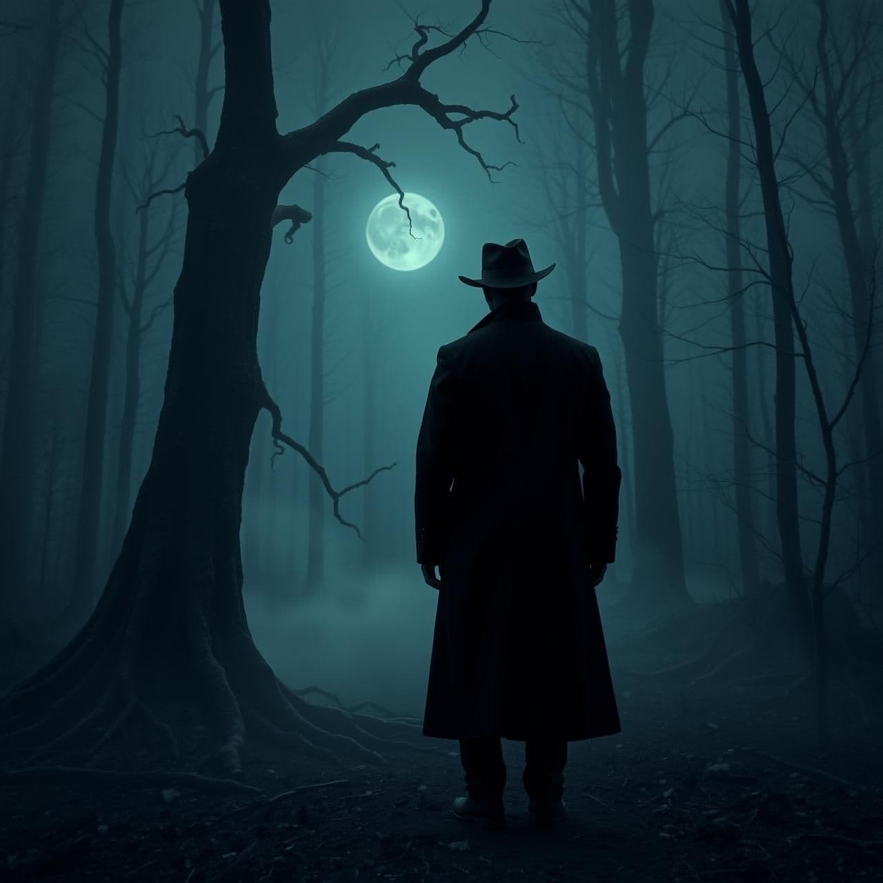 AI generated: A mysterious, terrifying man in a long black coat and black cowboy hat, standing far away beside a dead tree in a foggy, abandoned forest. He faces forward with an eerie, unsettlin