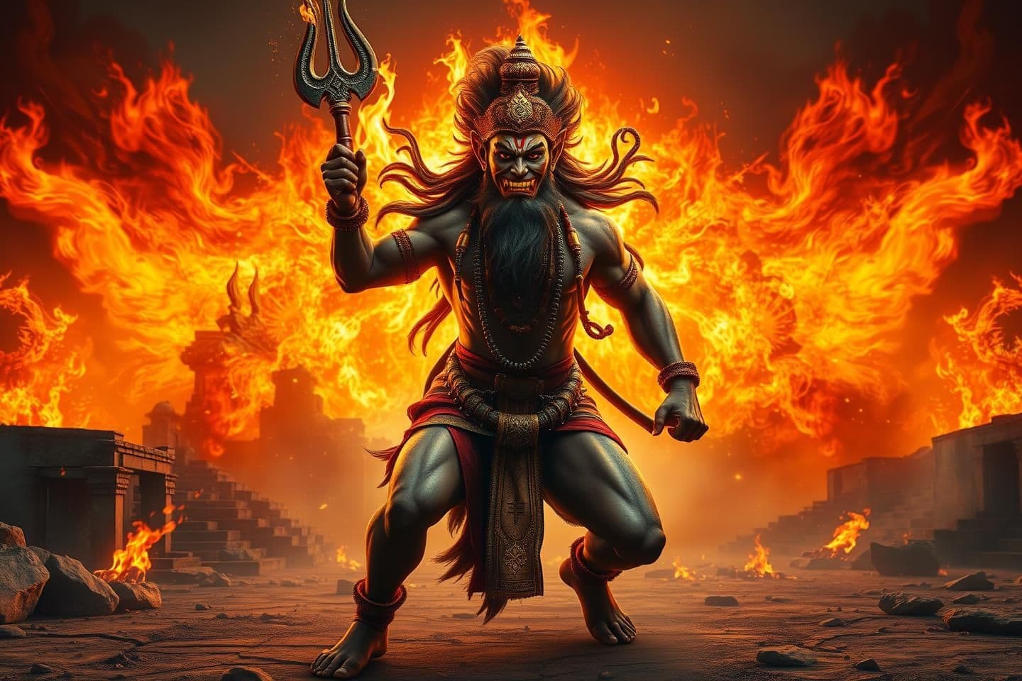 AI generated: Ultra-realistic cinematic depiction of Rudra Hanuman in fierce wrathful form, inspired by mantras “ॐ हं हनुमते नमः” and “रुद्रावताराय नमः”.
Hanuman with flaming eyes, ash-smeared