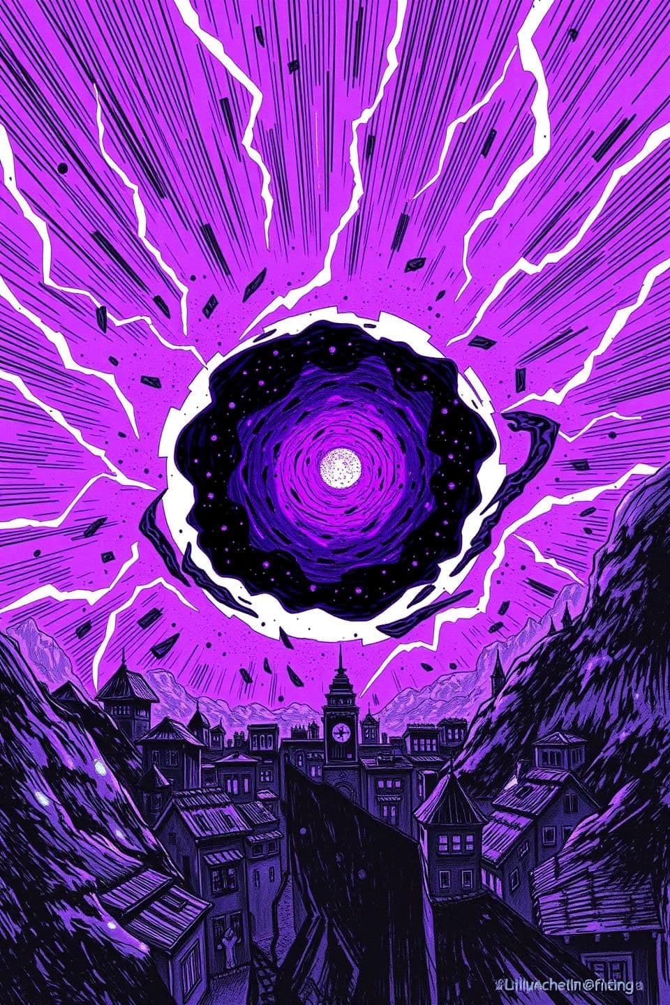 AI generated: P1.1 (Wide, Perspective Shot) 1. Focal Point: Ek vishaal, purple-black energy portal aakash mein. Iske edges jagged aur unstable hain (rough, textured pen strokes). 2. Lighting: Po