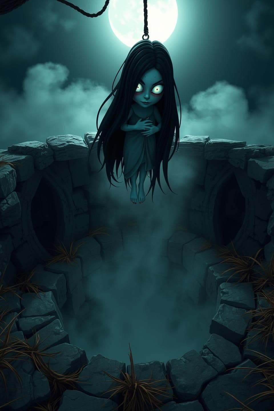 AI generated: A terrifying old Indian well (scary kuan) at night, 3D cartoon horror style. The well is deep, broken, and surrounded by cracked stones and dry grass. From above the well, a scary