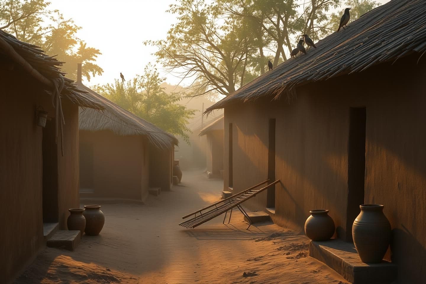 AI generated: "Peaceful early morning in an Indian rural village, soft golden sunlight, mud houses with thatched roofs, light mist in the air, clay pots near the walls, wooden charpai, narrow du