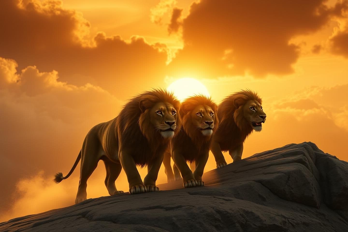 AI generated: Photorealistic cinematic scene in Mufasa: The Lion King (2024) style. Four lion brothers—Scarface (distinct scar on right eye), Hunter, Morani, and Sikio—walk in slow motion up a r
