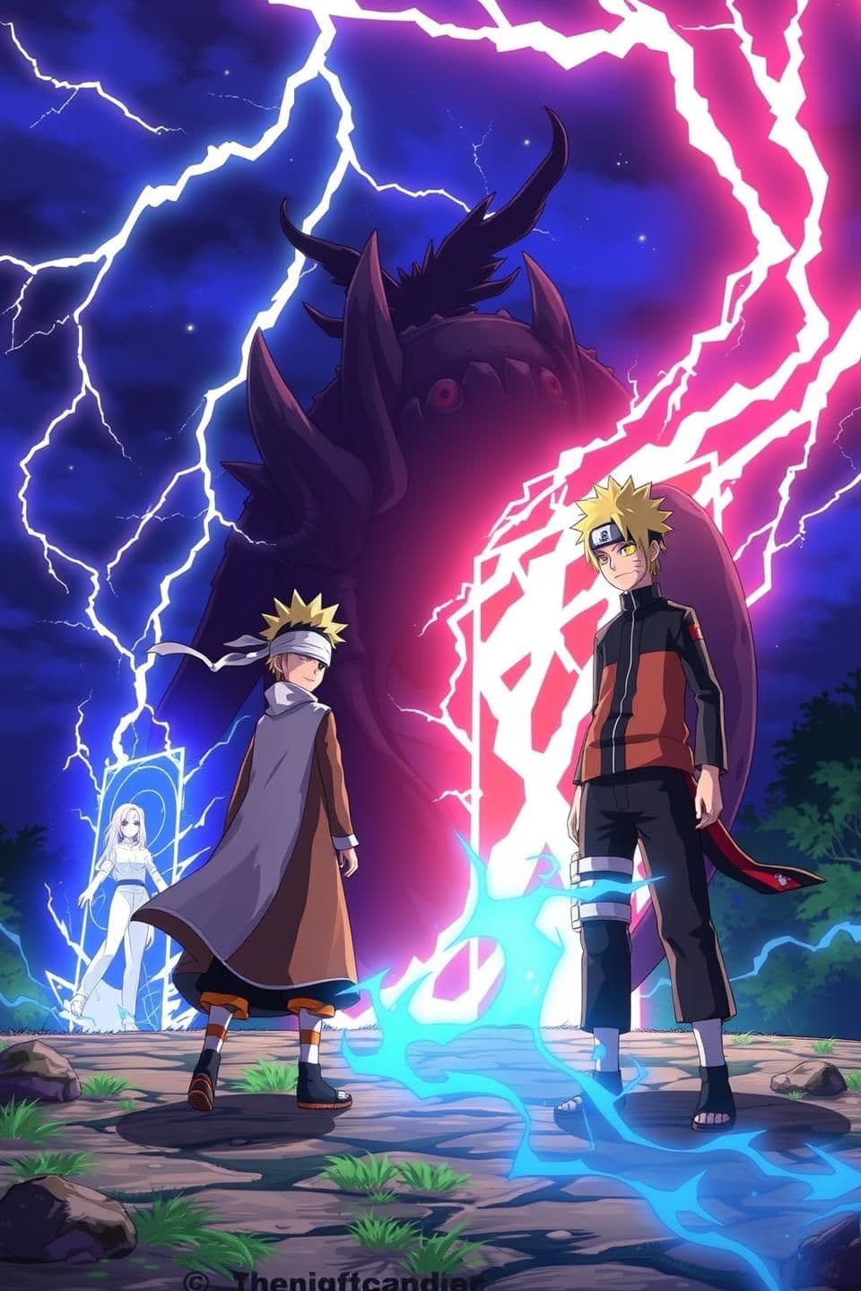 AI generated: The night sky above the Demon Slayer Corps Estate cracked with thunder as two portals ripped open. From the first stepped Gojo Satoru, blindfold fluttering, cursed energy swirling