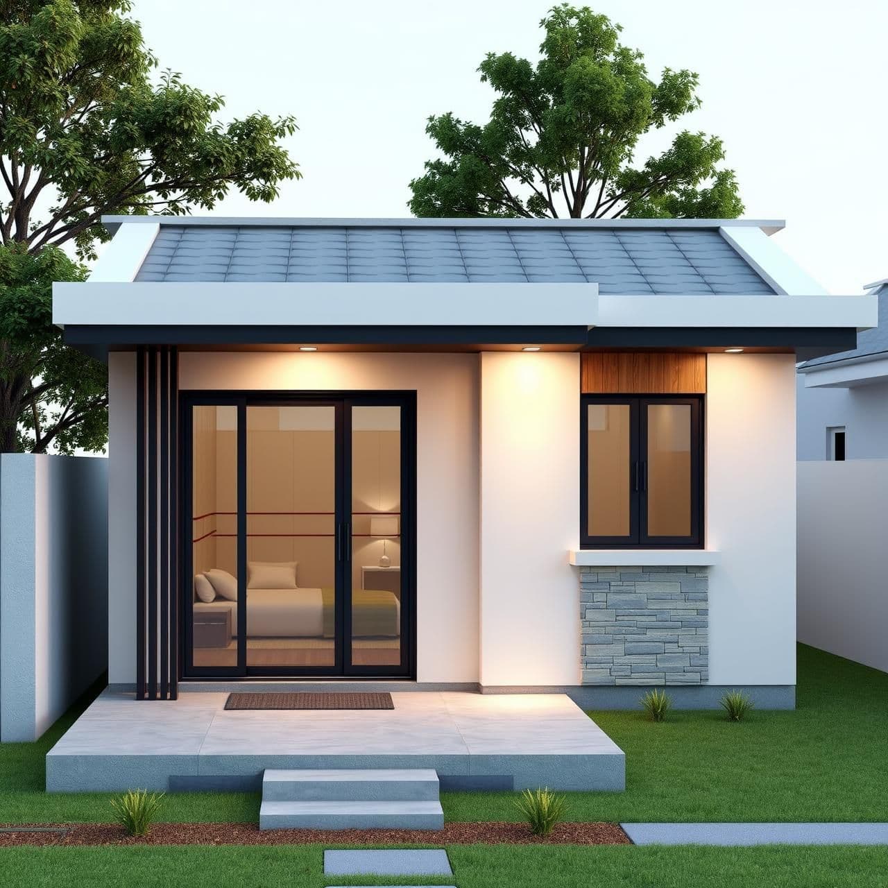 AI generated: 3D rendering of a modern, compact 3-bedroom north-facing house on a 3-cent plot. Show the front façade with a small porch, sliding glass doors and windows, warm wood and stone acce