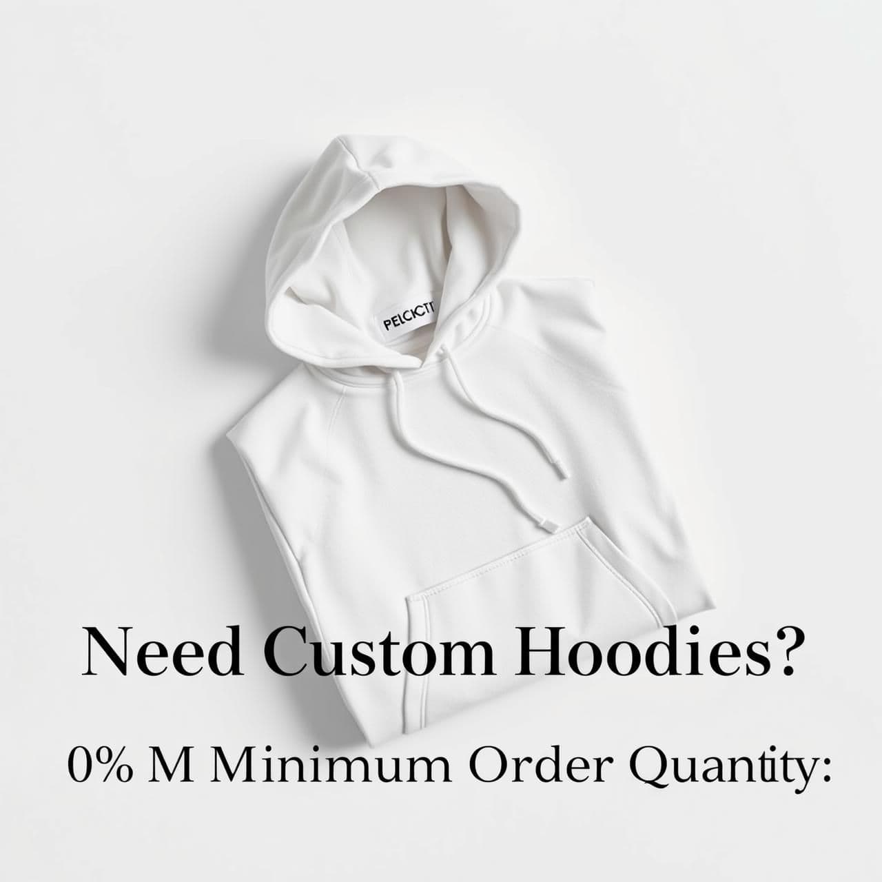 AI generated: "Minimalist product poster for B2B custom hoodies. A hoodie folded neatly on a clean white surface, with a logo visible. Soft studio lighting, soft shadows. Elegant typography in b
