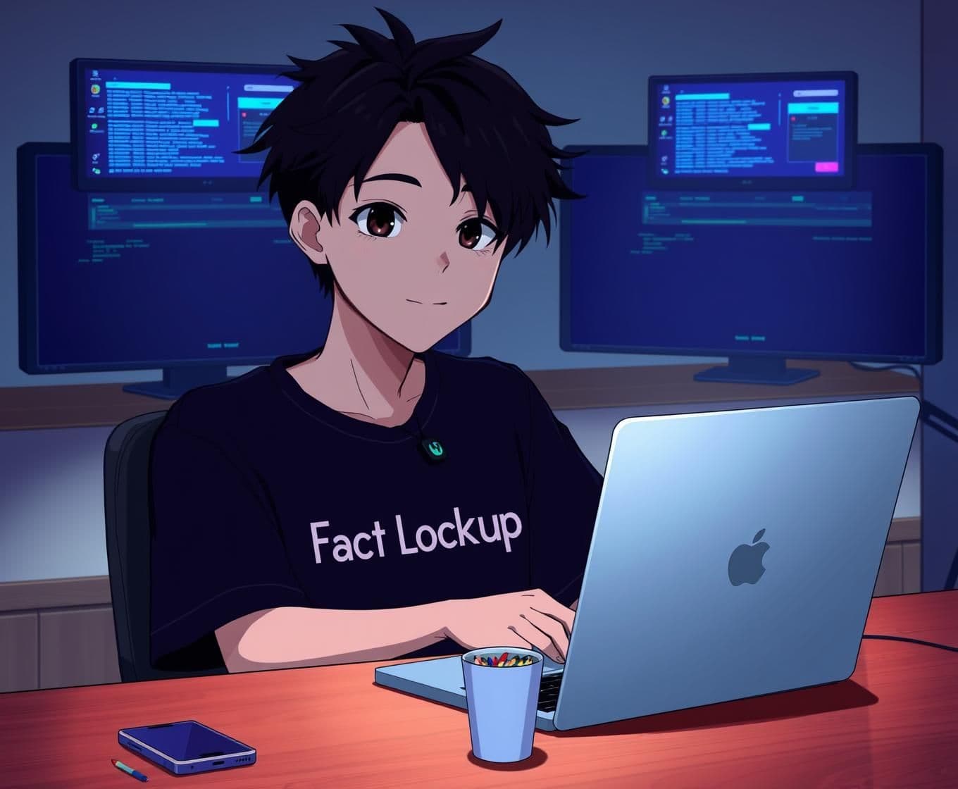 AI generated: A young anime-style male tech creator sitting in a dimly lit modern workspace. He has short, messy black hair, expressive dark eyes, and a friendly confident smile. He is wearing a