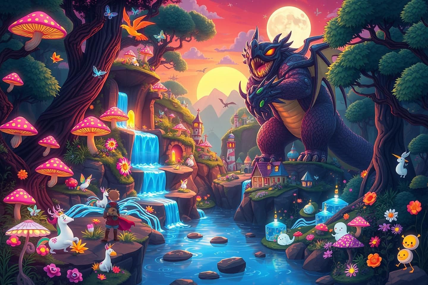 AI generated: "Create a vibrant fantasy scene set in a mystical forest glowing with neon mushrooms, floating islands, and enchanted weapons. Include mythical creatures like phoenixes, unicorns,