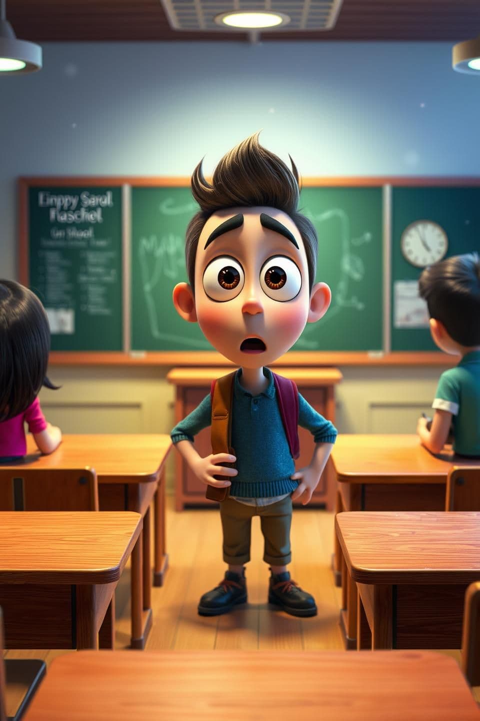 AI generated: 3D stylized cinematic fantasy animation, Pixar-like realism, bright funny school classroom, wooden desks, green chalkboard, soft glowing ambient lights, expressive characters, wide