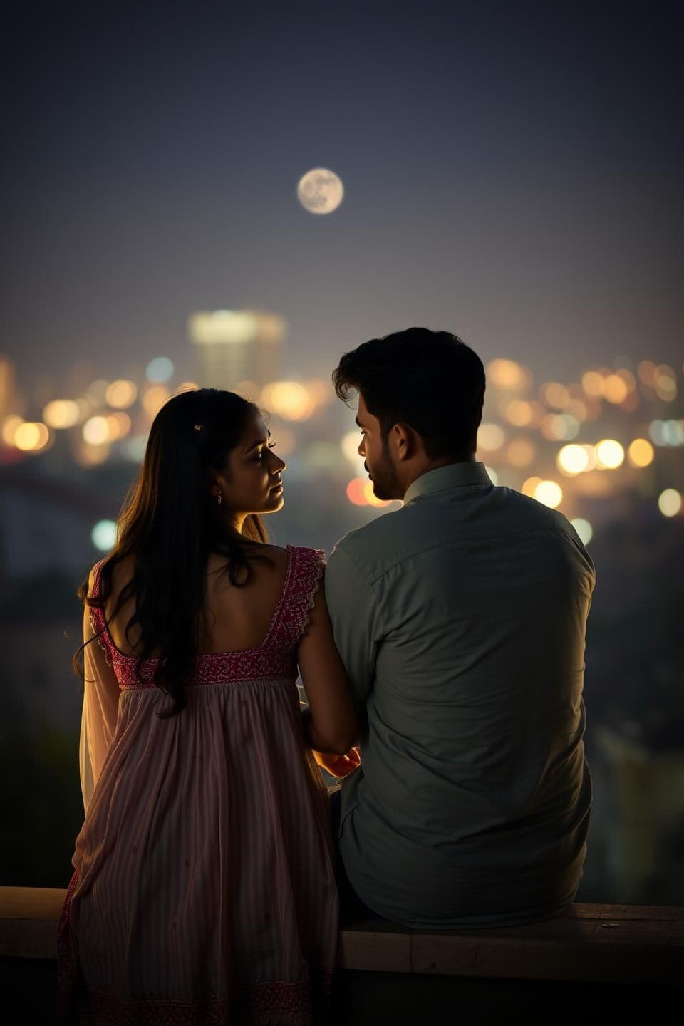AI generated: Telugu couple sitting silently on terrace at night, city lights blurred in background,
girl looking emotional, boy listening calmly without speaking,
soft moonlight, peaceful mood,