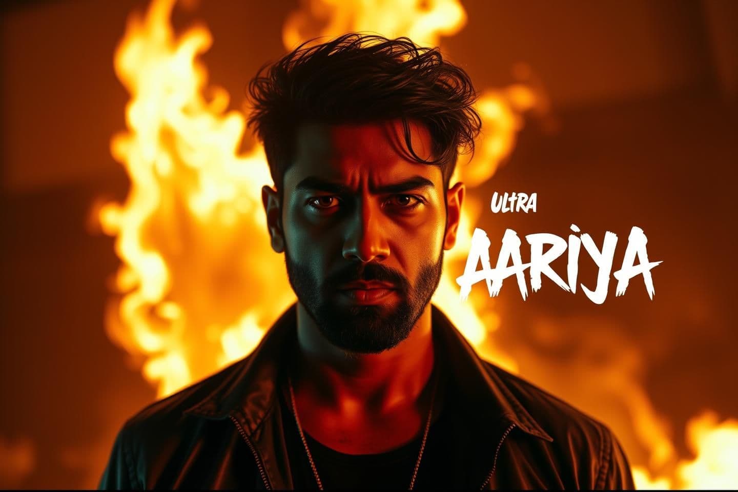 AI generated: Indian rapper standing in front of huge flames, close-up face with intense expression, cinematic golden-orange fire behind, sharp rim light, dramatic smoke, gritty atmosphere, blac