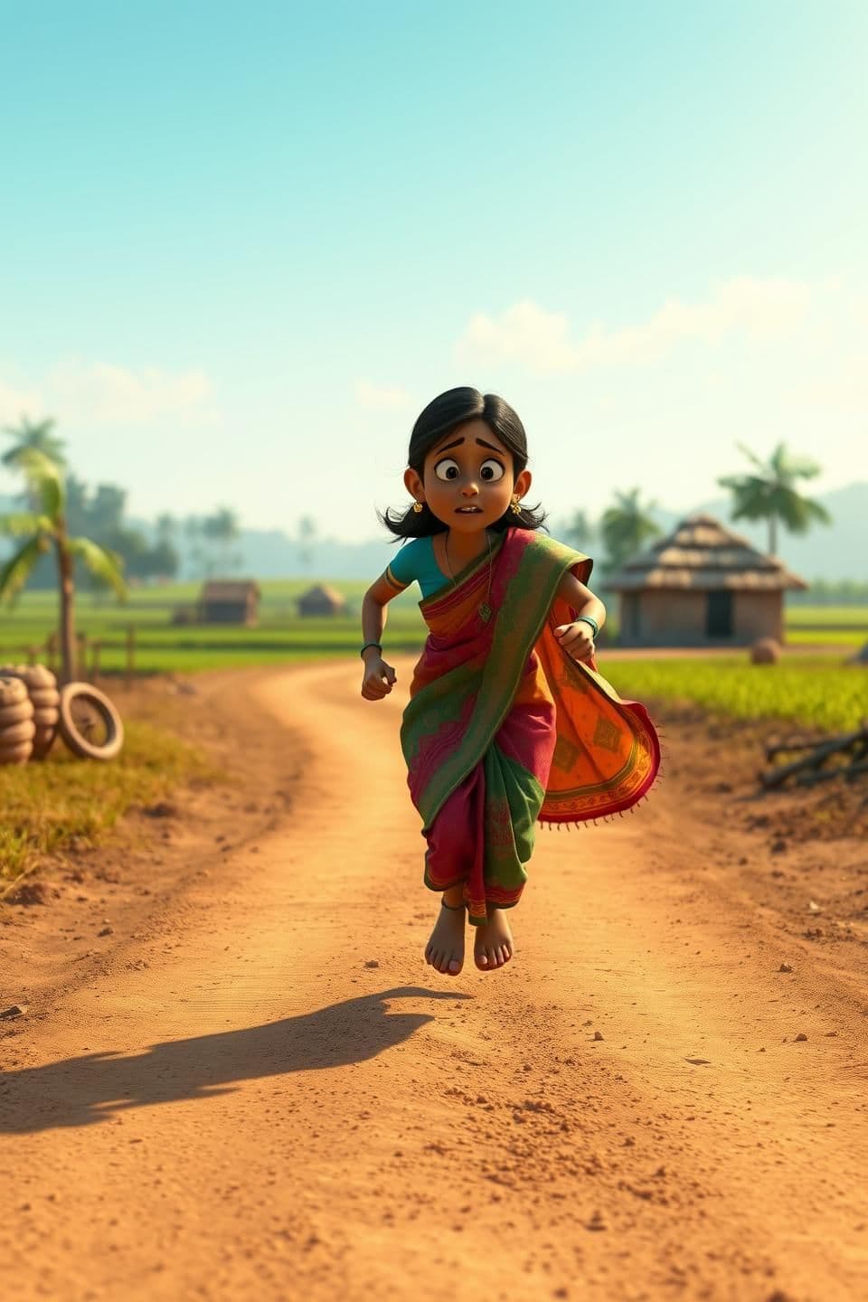 AI generated: Prompt:
A worried Indian village woman running on a dusty rural path toward the farmer, wearing a colorful saree, tears in her eyes, calling out desperately. In the background, gre