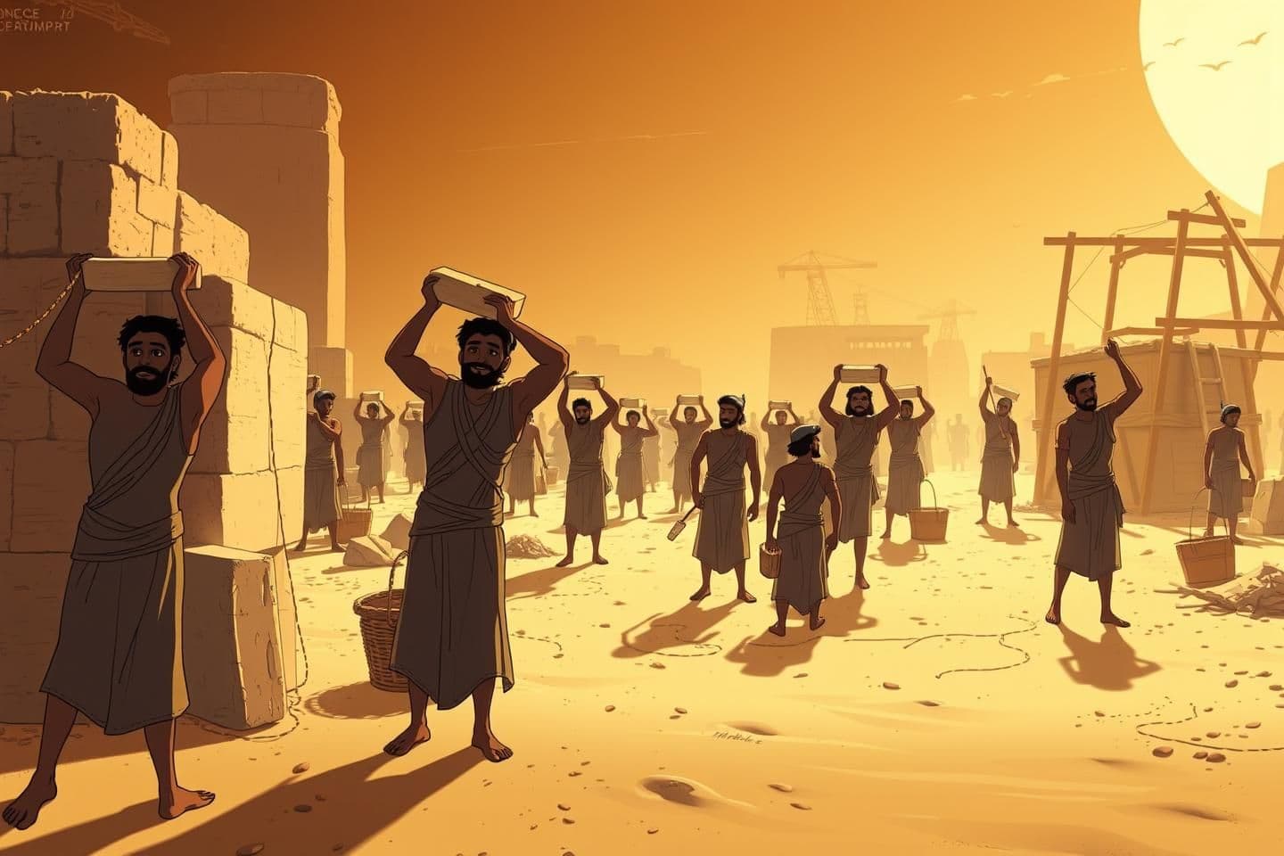 AI generated: নিচে **updated long + detailed + Prince of Egypt–style hand-drawn animation + no standing idle workers + emotional wide shot** — সব মিলিয়ে ঠিক মতো সাজানো **final prompt** দেওয়া হলো