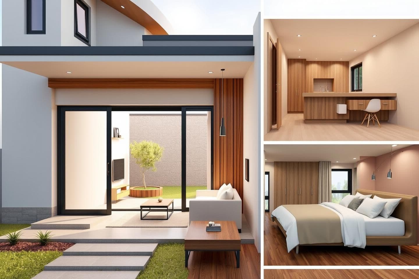 AI generated: 1. Front Exterior View
"3D rendering of a modern, compact 3-bedroom north-facing house on a 3-cent plot. Show the front façade with a small porch, sliding glass doors and windows,