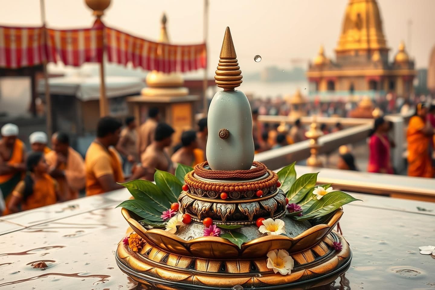 AI generated: A divine 16:9 YouTube thumbnail showing an authentic Indian-style Shiva Lingam placed on a traditional yoni base, decorated with fresh bilva leaves, rudraksha, water droplets, and