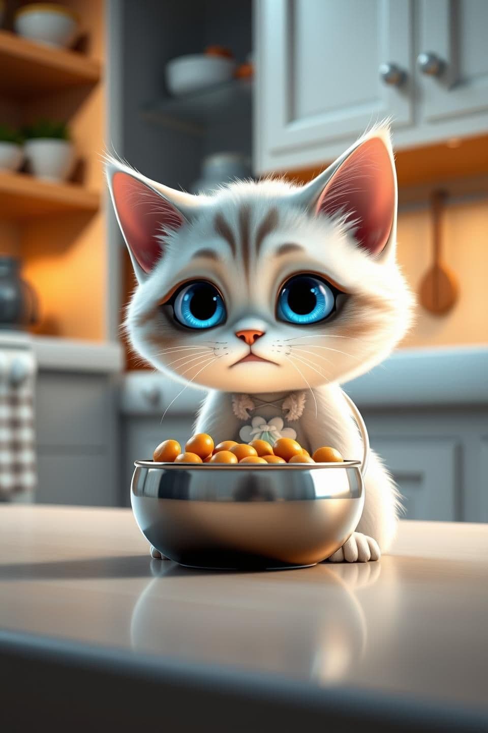 AI generated: Vertical 9:16. A cute, detailed anthropomorphic small white cat with intense blue eyes wearing a pamper stands in a cozy modern kitchen. The cat is staring dramatically at a shiny