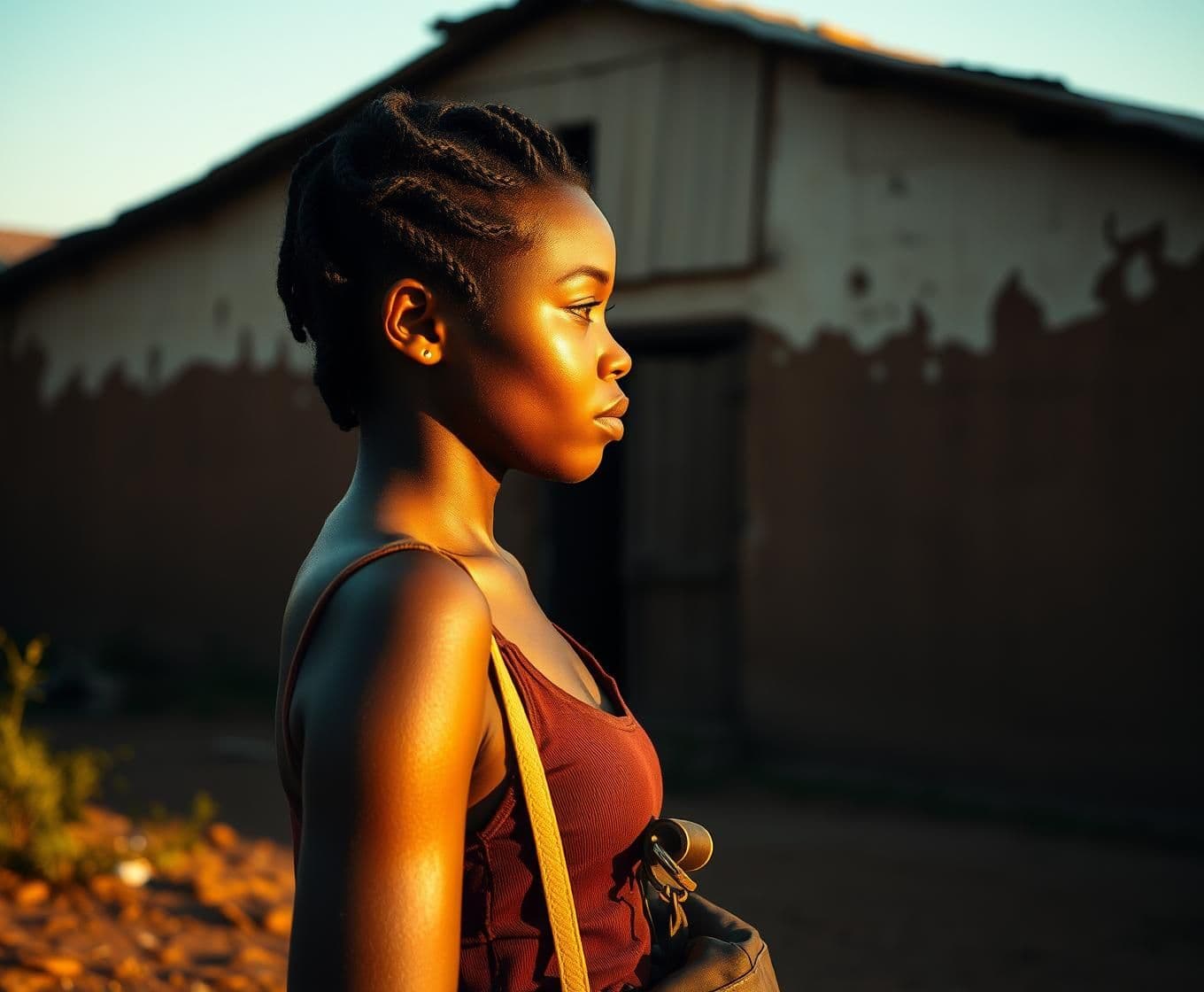 AI generated: A young Nigerian woman with caramel skin and short braids stands silently in front of an old, cracked mud house with faded paint. The afternoon sun casts a golden glow, highlightin