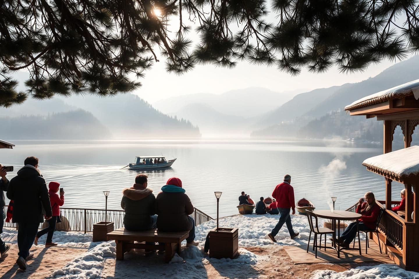 AI generated: “A highly realistic winter scene of Nainital, India, showcasing the peaceful Naini Lake surrounded by pine-covered hills, soft winter sunlight, and light mist. Include real activit