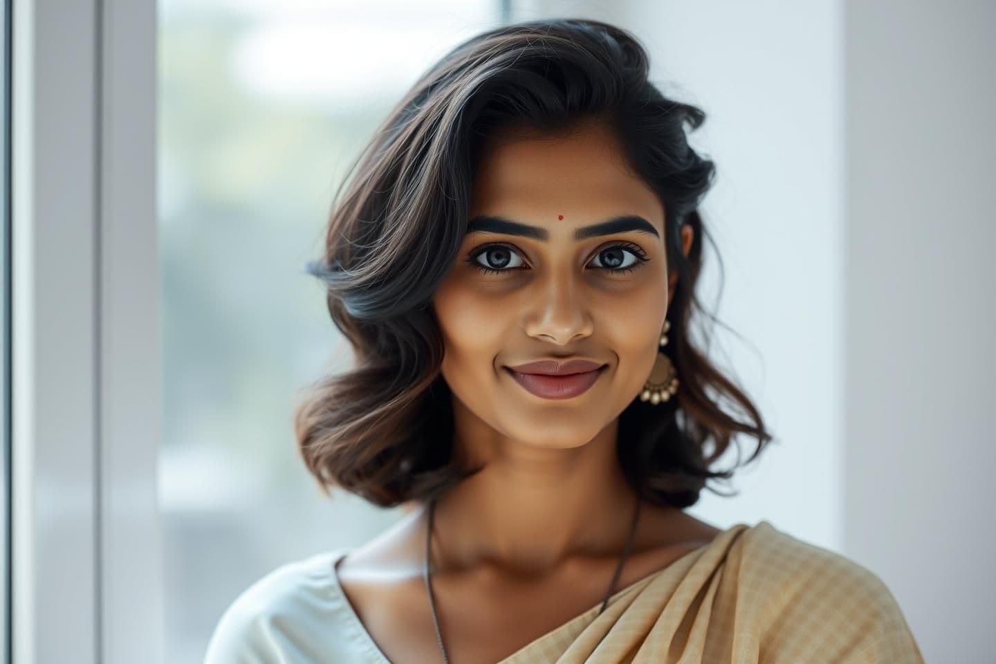 AI generated: Ultra-realistic portrait of a young Indian woman in her mid-20s, medium-length wavy hair, warm brown eyes, soft natural makeup, slight smile, looking directly at the camera. She is
