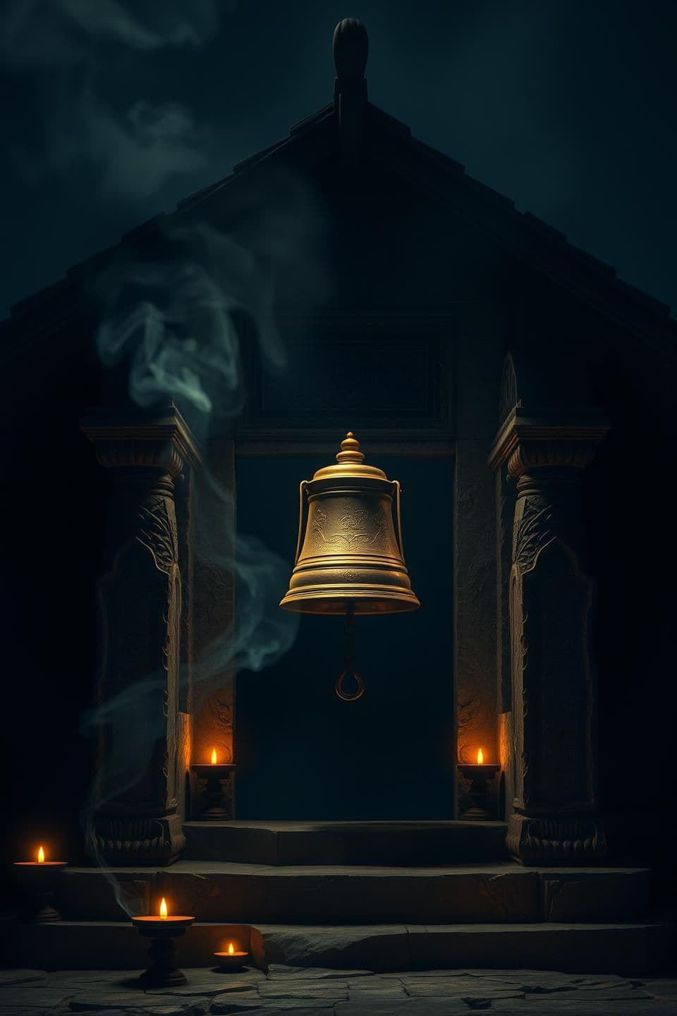 AI generated: A small ancient village temple stands in the night, its stone walls dimly lit by flickering diyas. The large brass temple bell hangs at the entrance, swinging and ringing on its ow