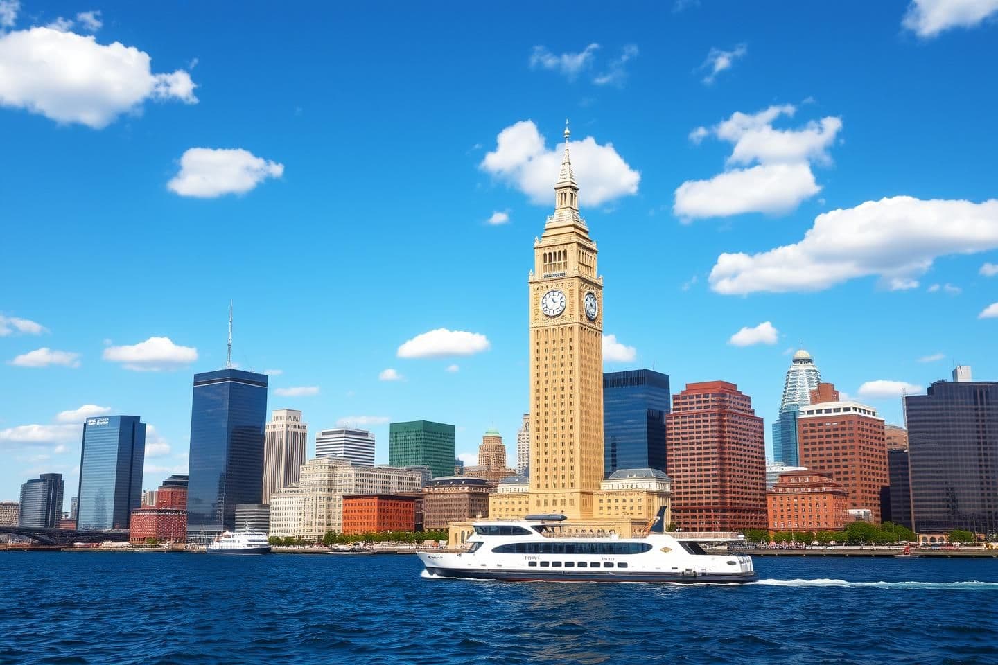 AI generated: A A photorealistic wide landscape shot of the Boston skyline viewed from the water. Dominated by the Custom House Tower, a tall beige clock tower with a spire in the center. Surrou