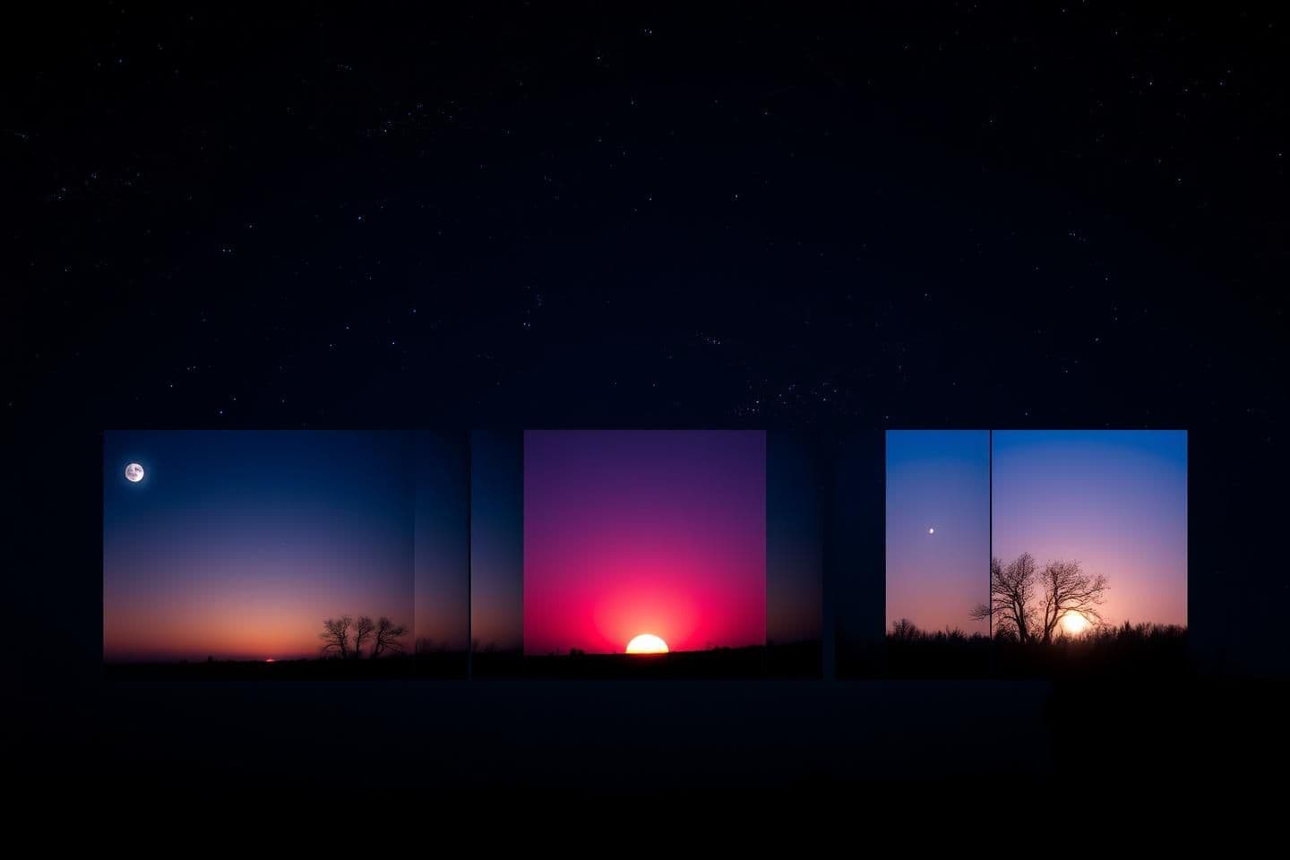 AI generated: Create a photo that can be easily painted in 5 frame in one image
☀️ 2. “From Night to Morning” (Hope & Renewal)
Story: The transition from darkness to a new day.
Frames:
1. Ni
