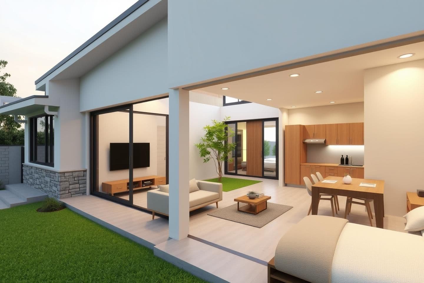 AI generated: 1. Front Exterior View
"3D rendering of a modern, compact 3-bedroom north-facing house on a 3-cent plot. Show the front façade with a small porch, sliding glass doors and windows,
