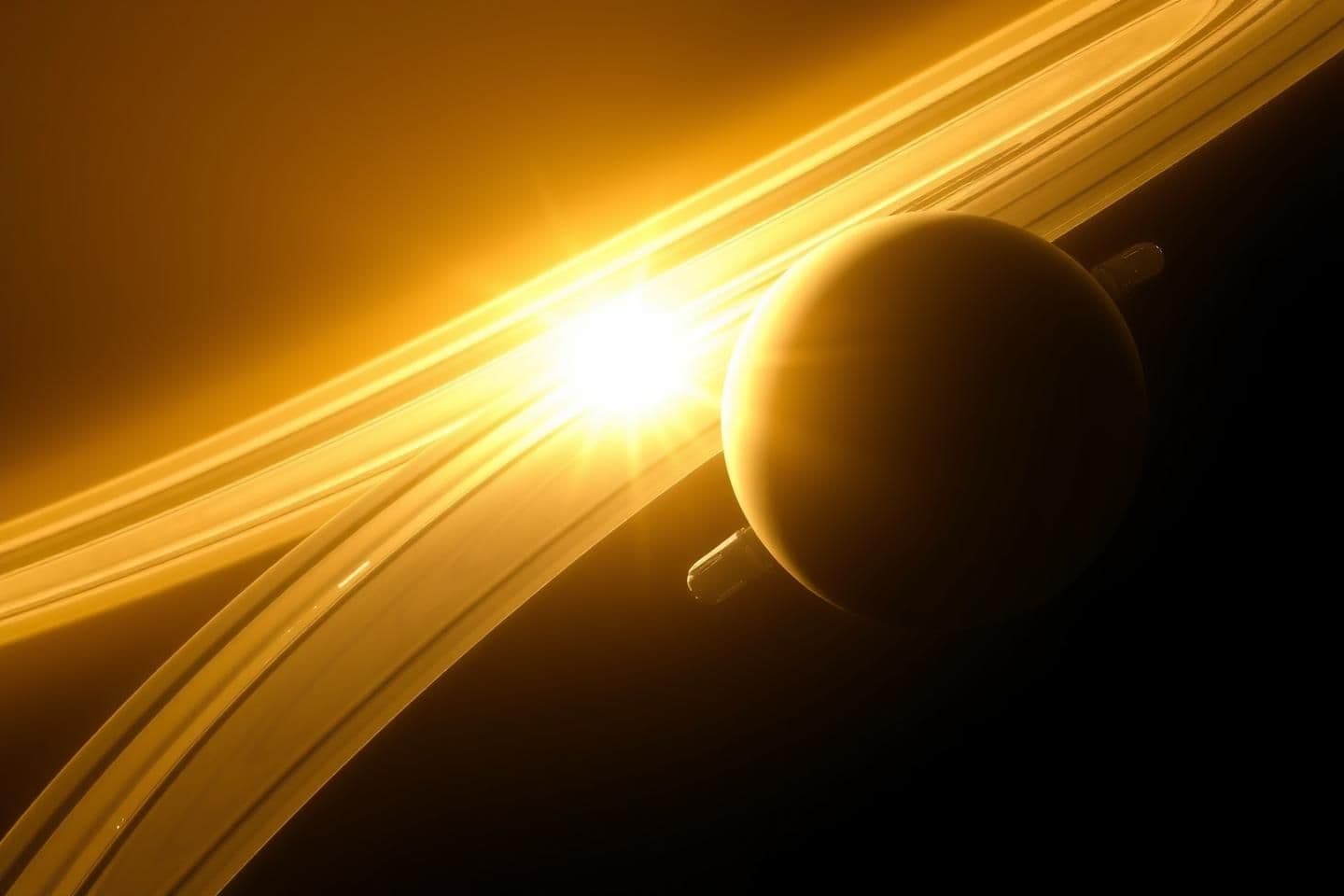 AI generated: A majestic cinematic view of Saturn and its glowing rings as the Pioneer spacecraft approaches. The golden sunlight reflects beautifully off the icy rings, creating a breathtaking