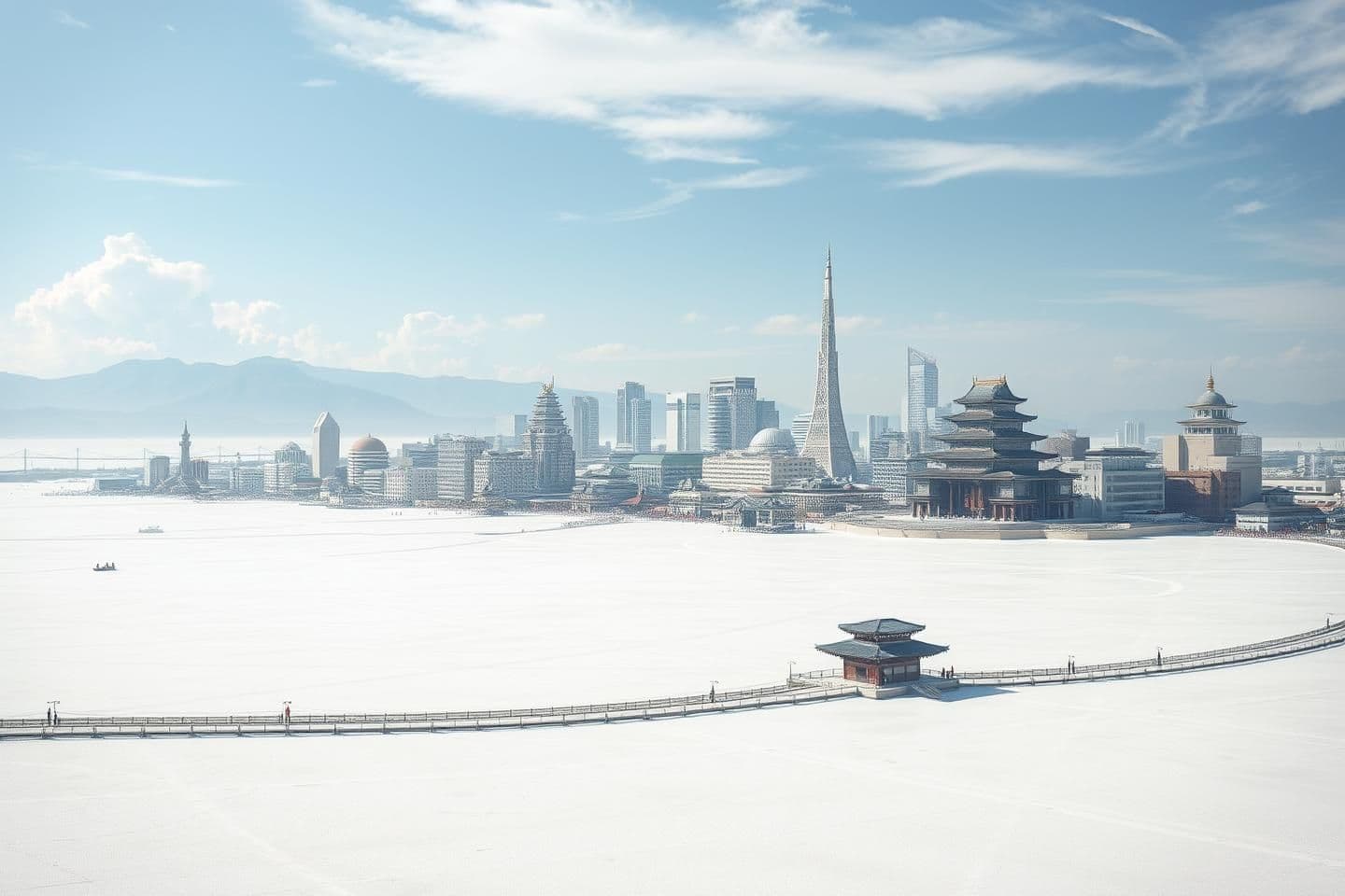 AI generated: Make an image of a massive city in a vast salt flat. This city should have modern buildings with slight hints of traditional Japanese architecture. Make sure it is lively and has a