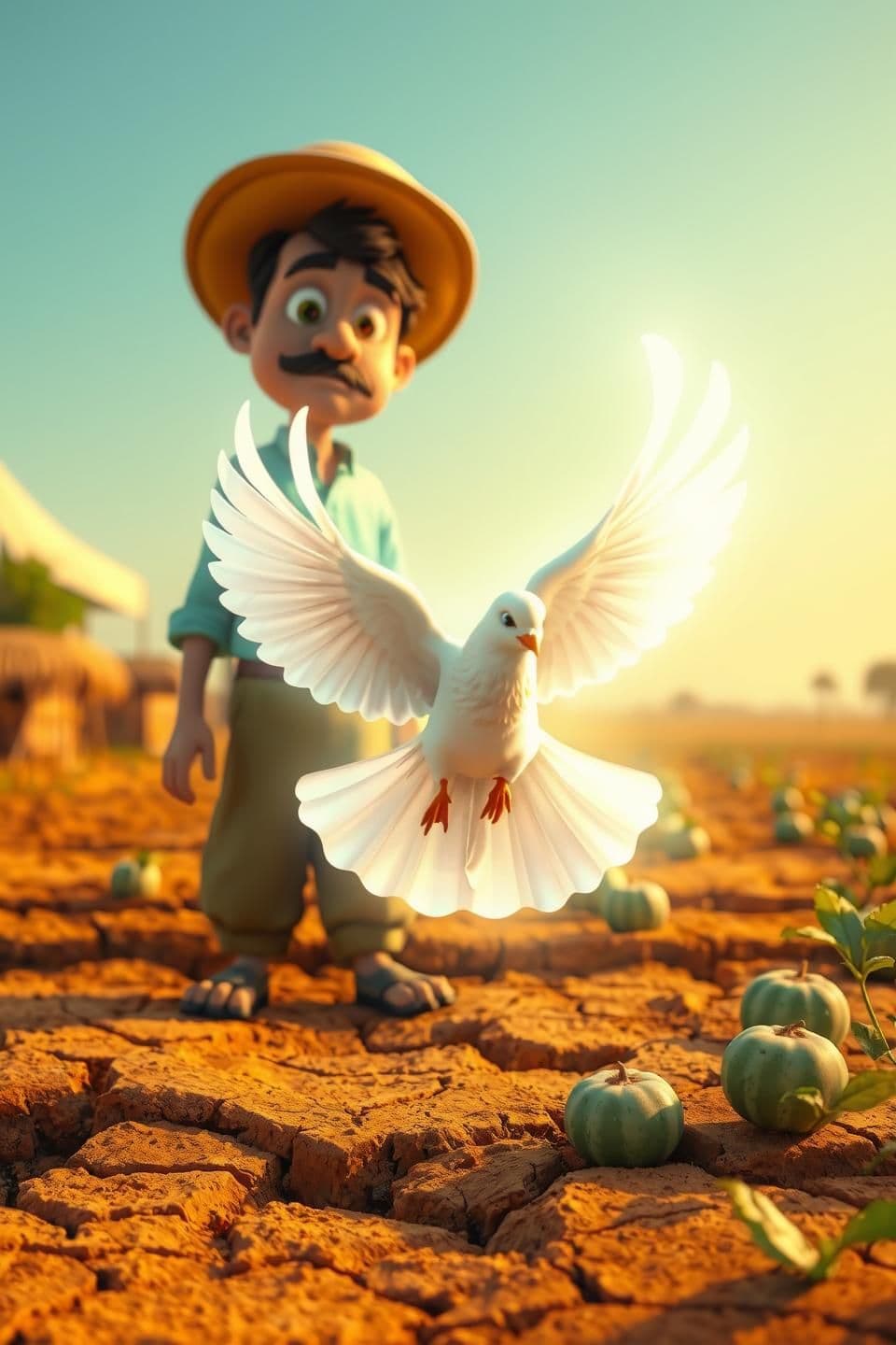 AI generated: “A magical white pigeon flying down towards the farmer, soft glowing aura around the pigeon, farmer surprised, Indian cartoon look, hyper realistic 3D style, village sceneryIndian