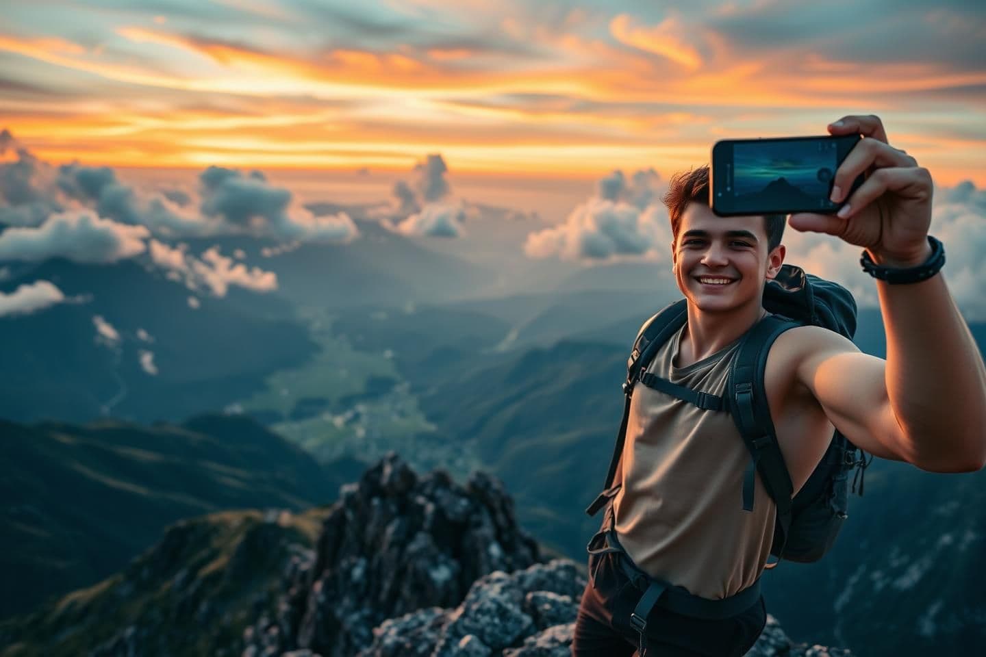 AI generated: "A young adventurous hiker standing triumphantly on a rugged mountain peak at sunset. The person is holding a smartphone high to take a wide-angle selfie, capturing their excited