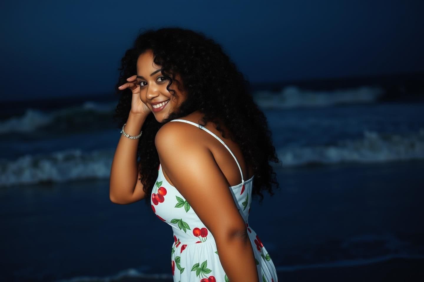 AI generated: Create A realistic, candid flash photograph taken at twilight on a beach. curvy thick shape with long, voluminous dark curly hair is standing in profile, looking back over her sho