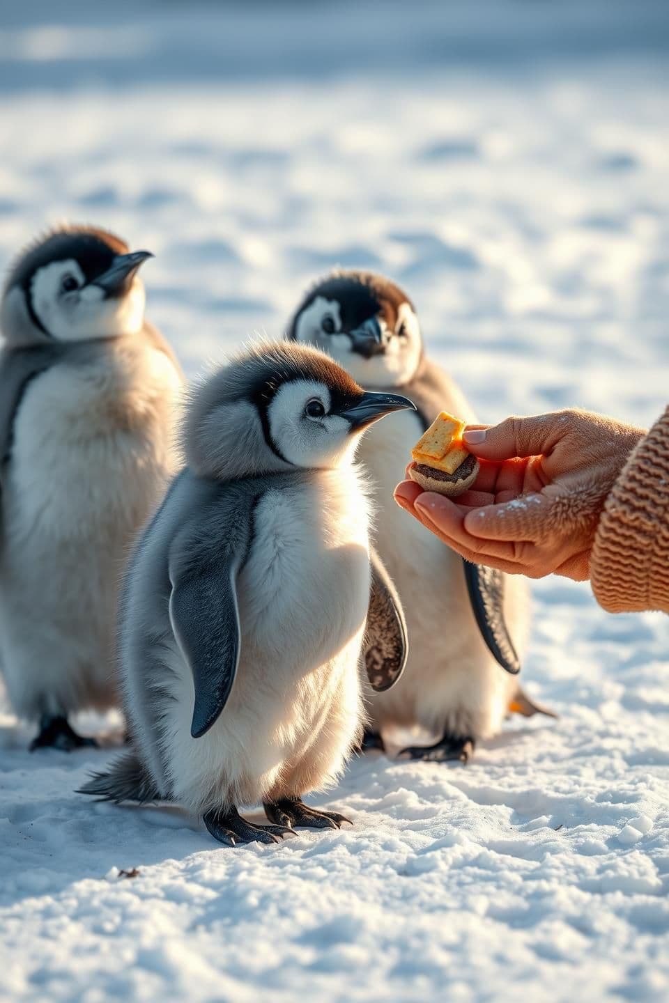 AI generated: Ultra-realistic close-up shot in a snowy icy landscape. Three fluffy grey-white baby penguins standing on bright snow. A human hand wearing warm winter gloves is reaching from the