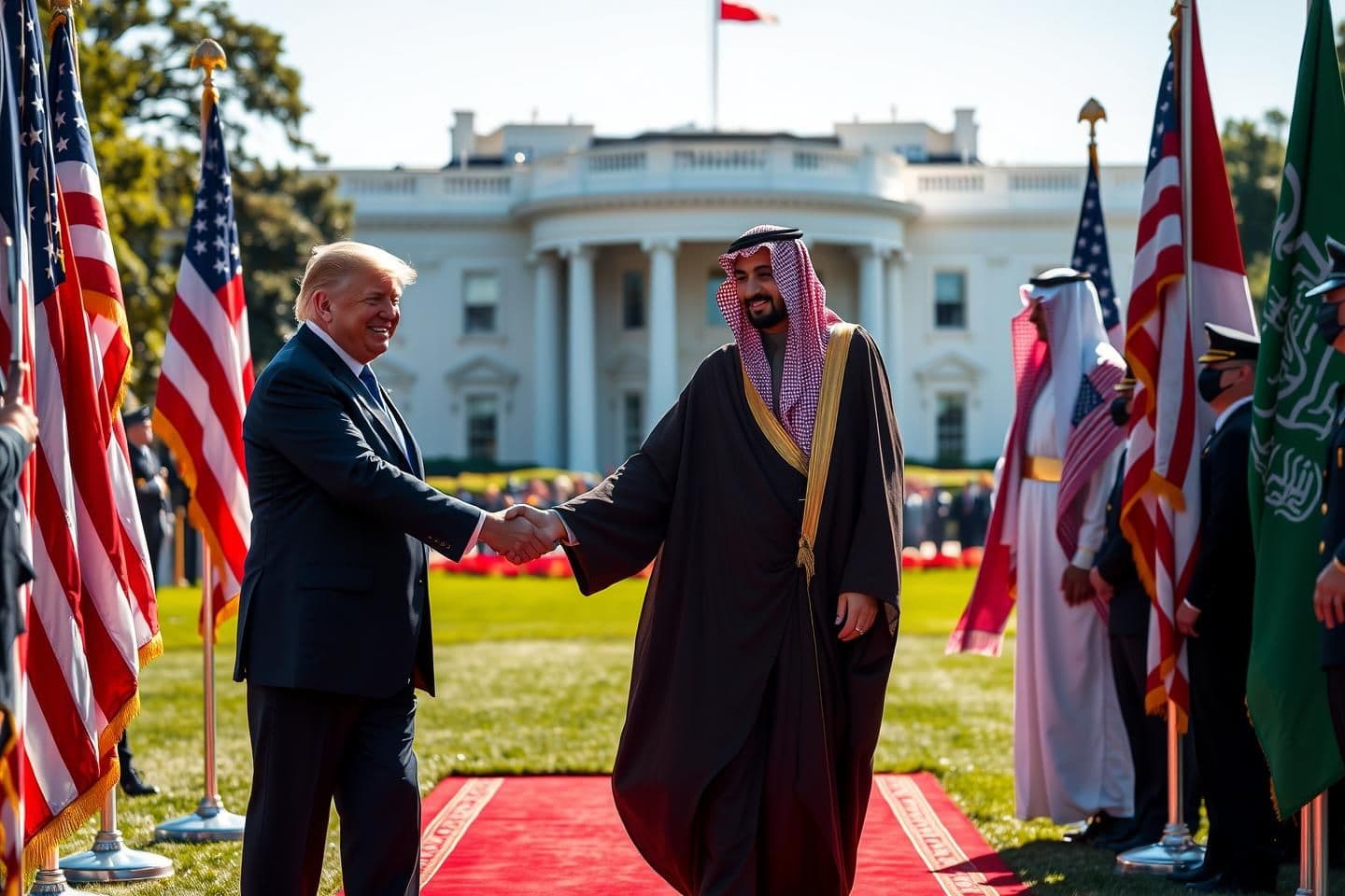 AI generated: “A grand welcome scene at the White House lawn. Former U.S. President Donald Trump smiling and extending a handshake to Saudi Crown Prince Mohammed bin Salman. Both standing on a r