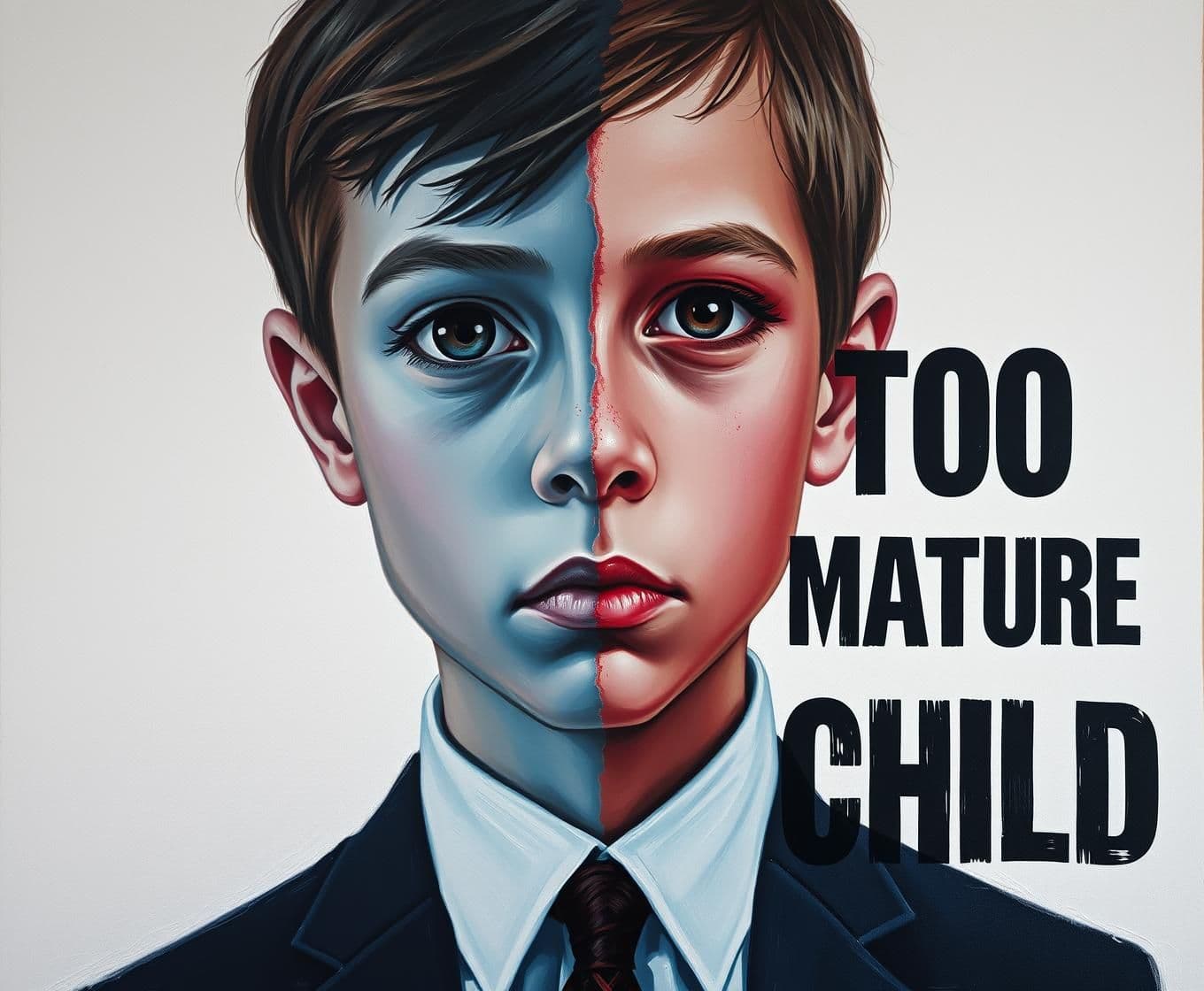 AI generated: Oil painting portrait of a serious 10-year-old boy in formal suit and tie, face vertically split in half: left side painted in cold cyan-blue tones with wide innocent eye, right si