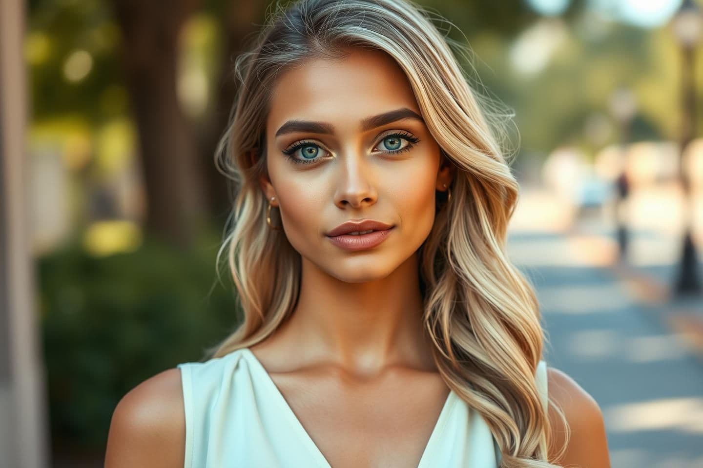 AI generated: Generate an image of A beautiful young American/Indian woman with fair skin, soft natural makeup, and bright expressive eyes. She has silky blonde hair styled in loose waves that f