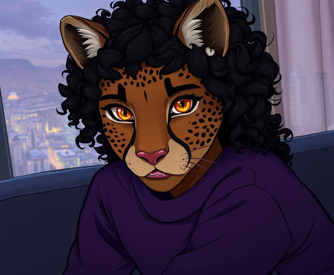AI generated: A close up art piece of a cheetah demi-human ageless intersex female with a youthful appearance, possessing thick and long dark curly hair that frames her face, a deep brown comple