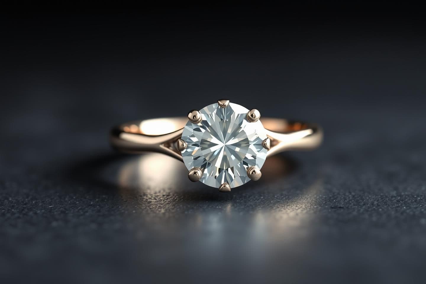 AI generated: Create a high-definition image of the above two-tone diamond ring featuring silver and rose gold metal with a round brilliant-cut diamond. The ring should be a luxury black reflect