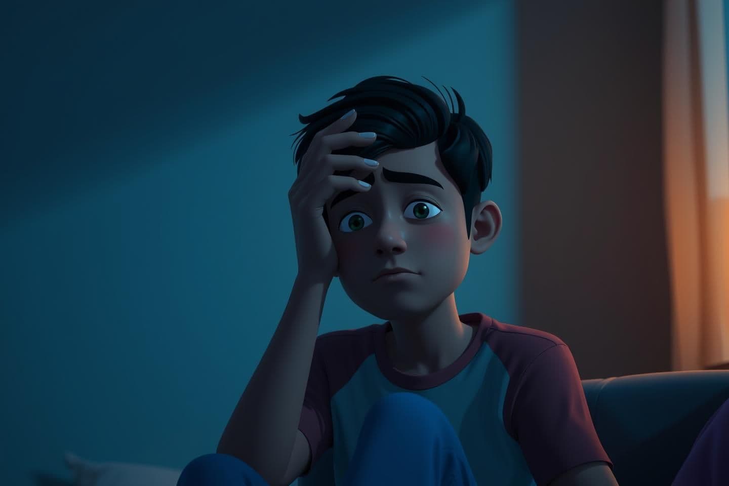 AI generated: create whitboard animation style A young Indian person sitting alone in a dimly lit room, looking mentally tired and overwhelmed, hand on forehead, soft emotional expression. Soft